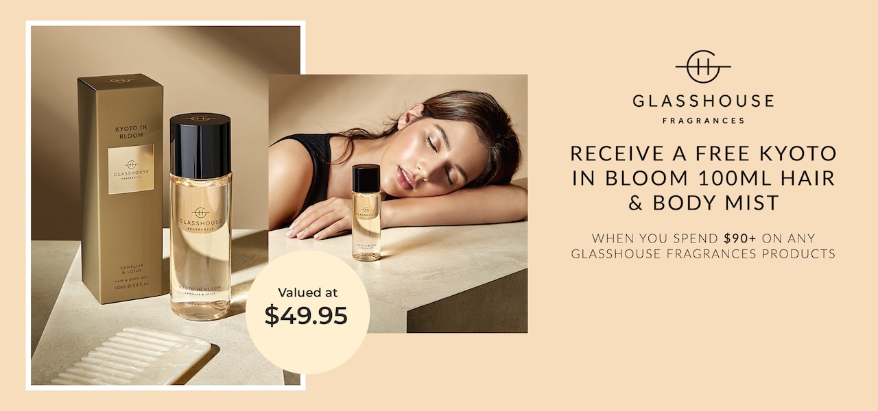 Glasshouse Fragrances - RECEIVE A FREE KYOTO IN BLOOM 100ML HAIR & BODY MIST - When you spend $90+ on any Glasshouse Fragrances product