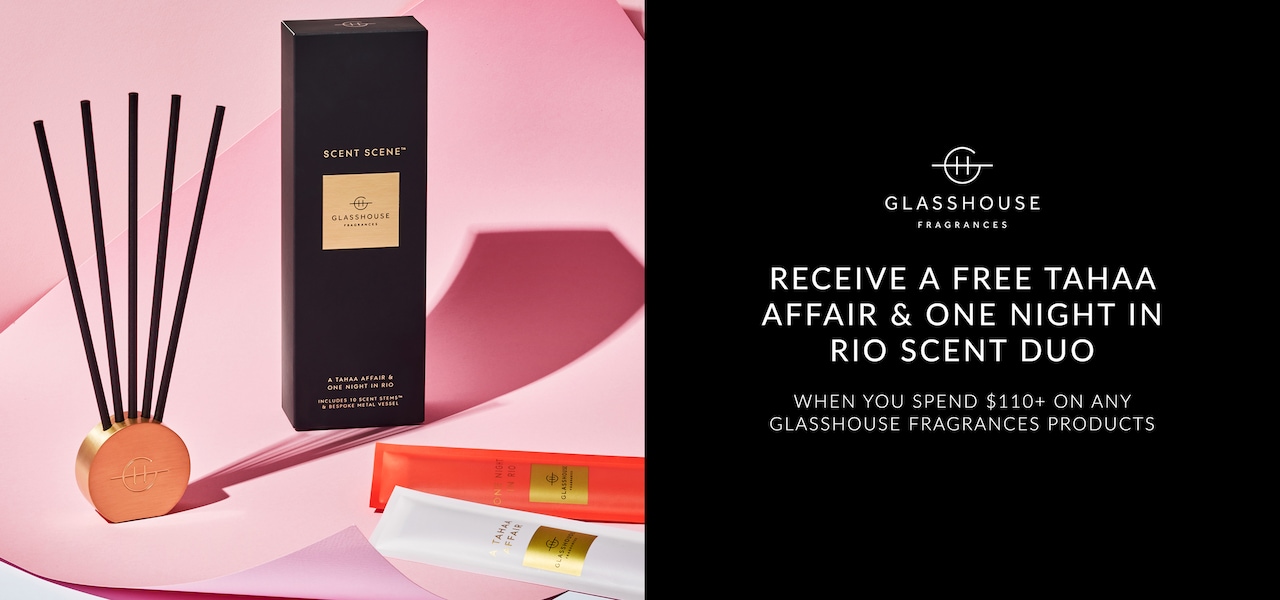 Spend $110+ on any Glasshouse Fragrances products and receive a complimentary A Tahaa Affair and One Night in Rio Scent Scene Duo