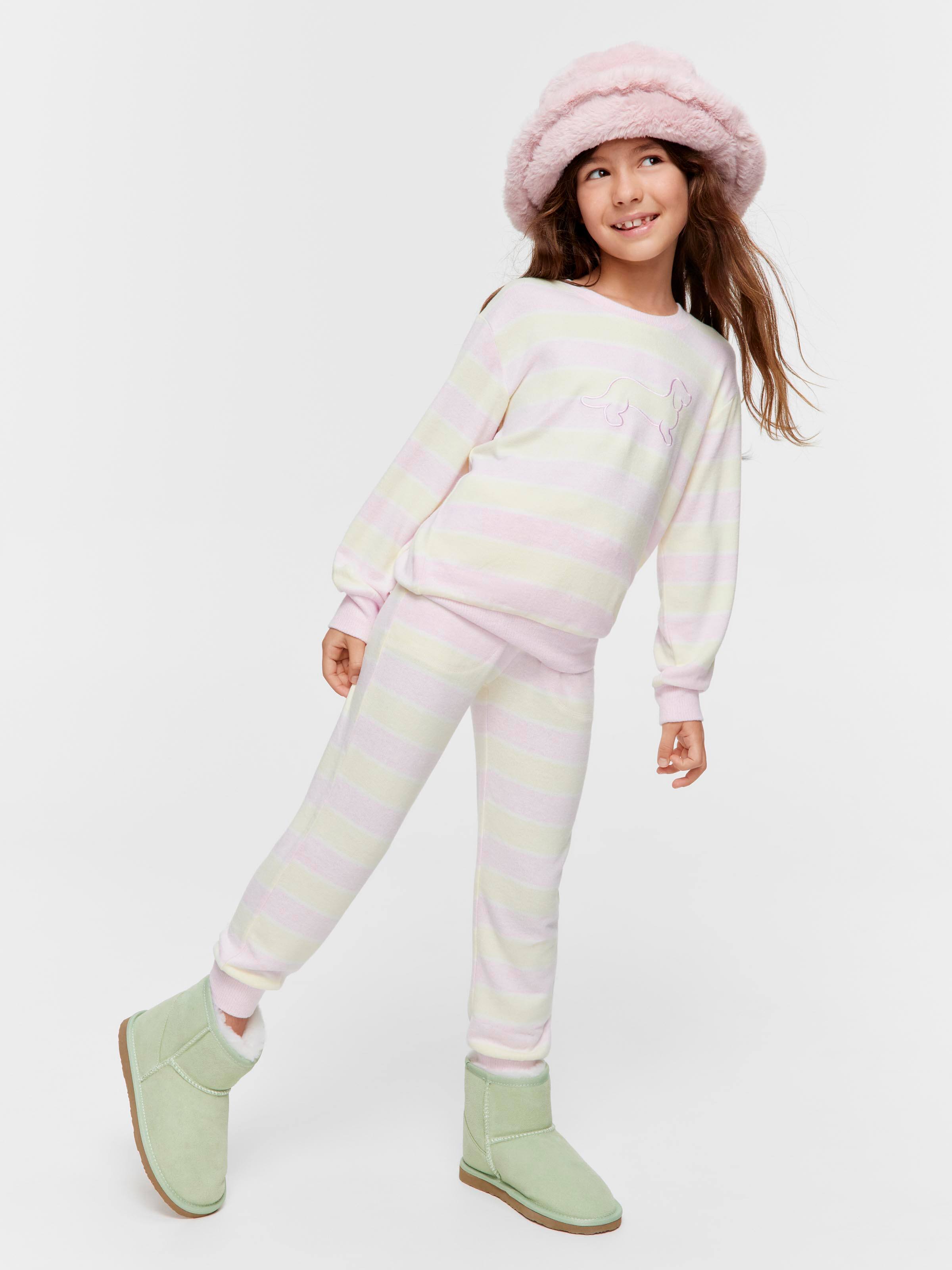 Jnr Girls Fuzzy Pastel Stripe Pj Set