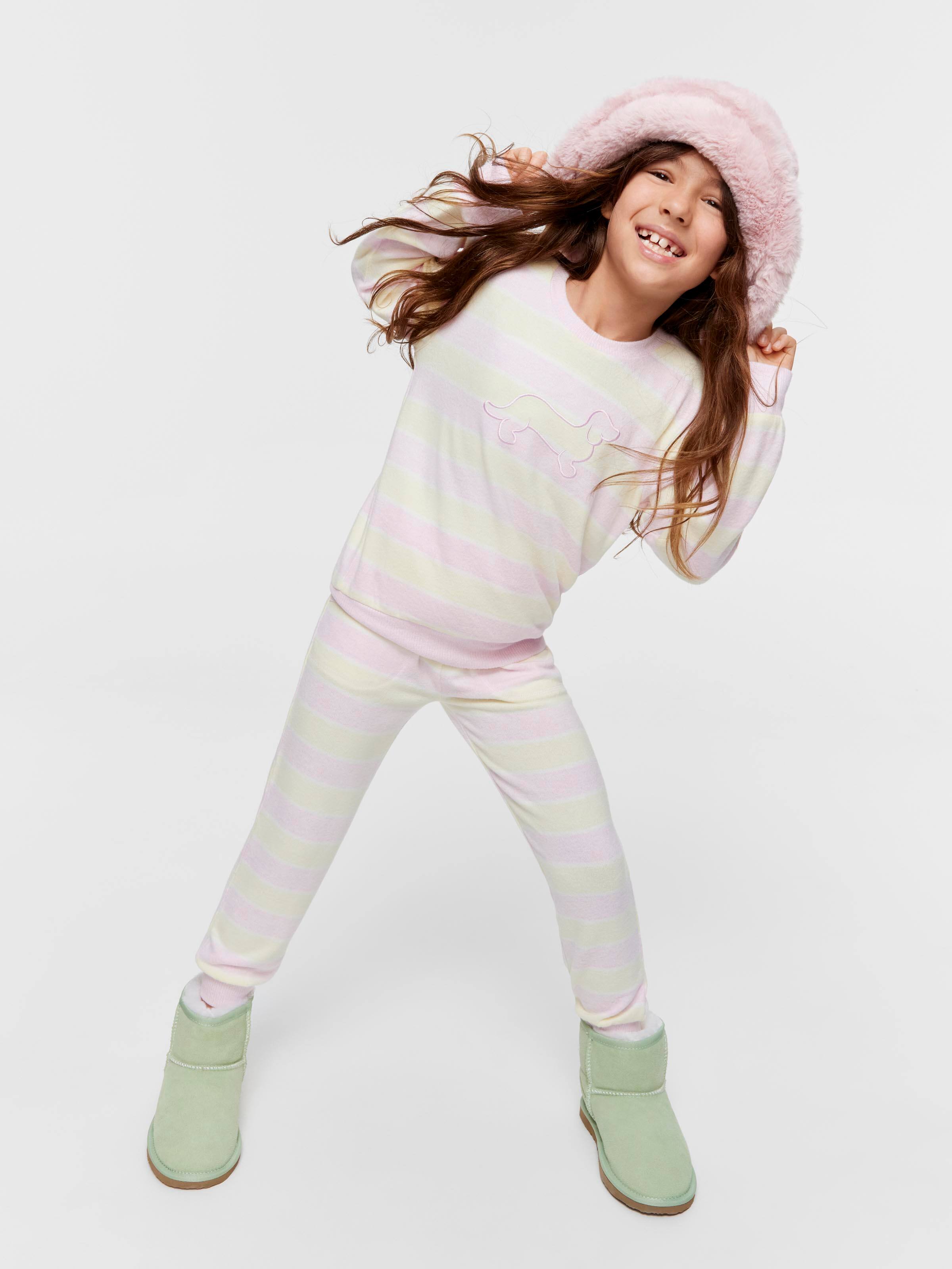 Jnr Girls Fuzzy Pastel Stripe Pj Set