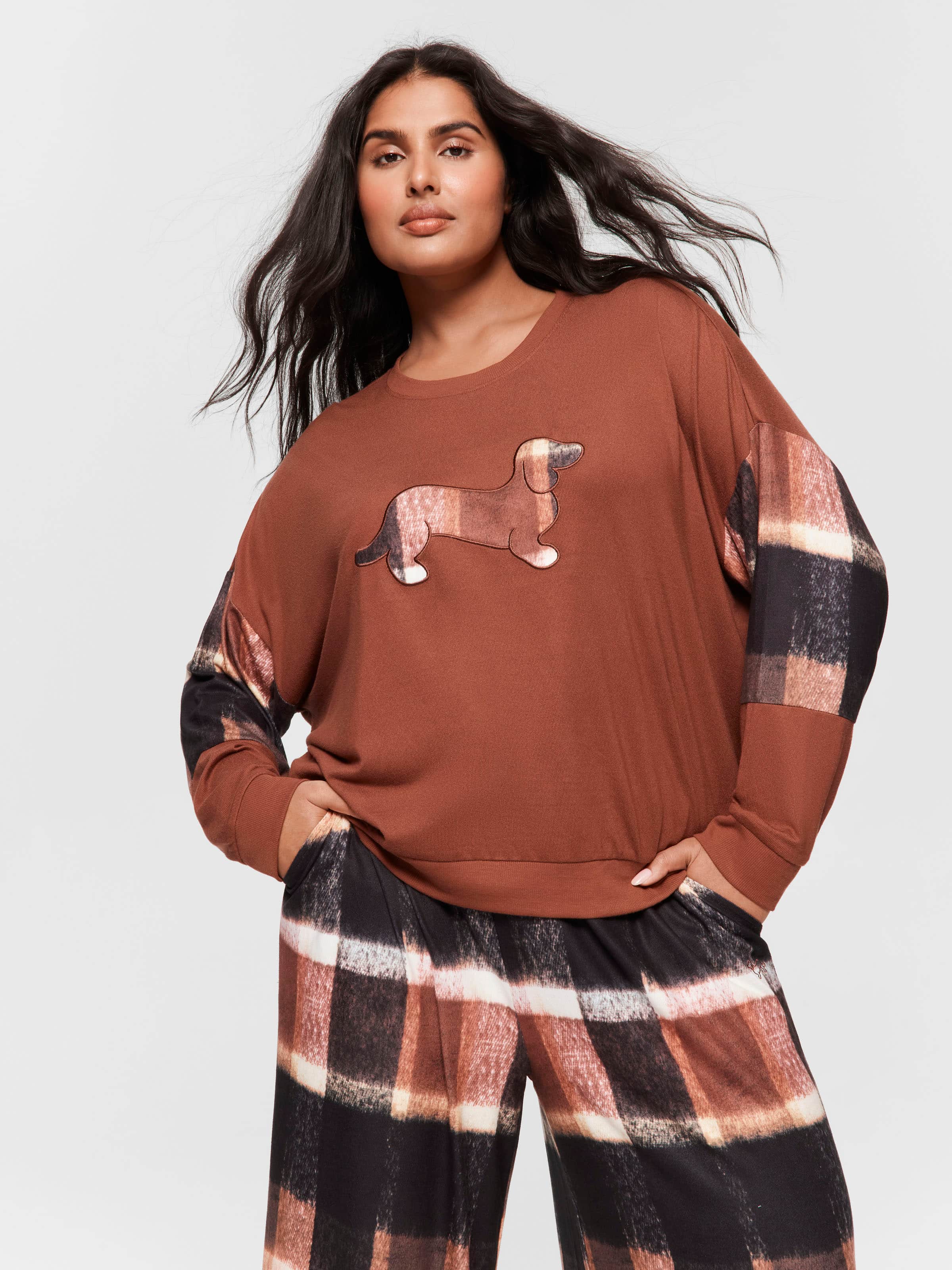 P.A. Plus Brown Check Logo Plush Sweater