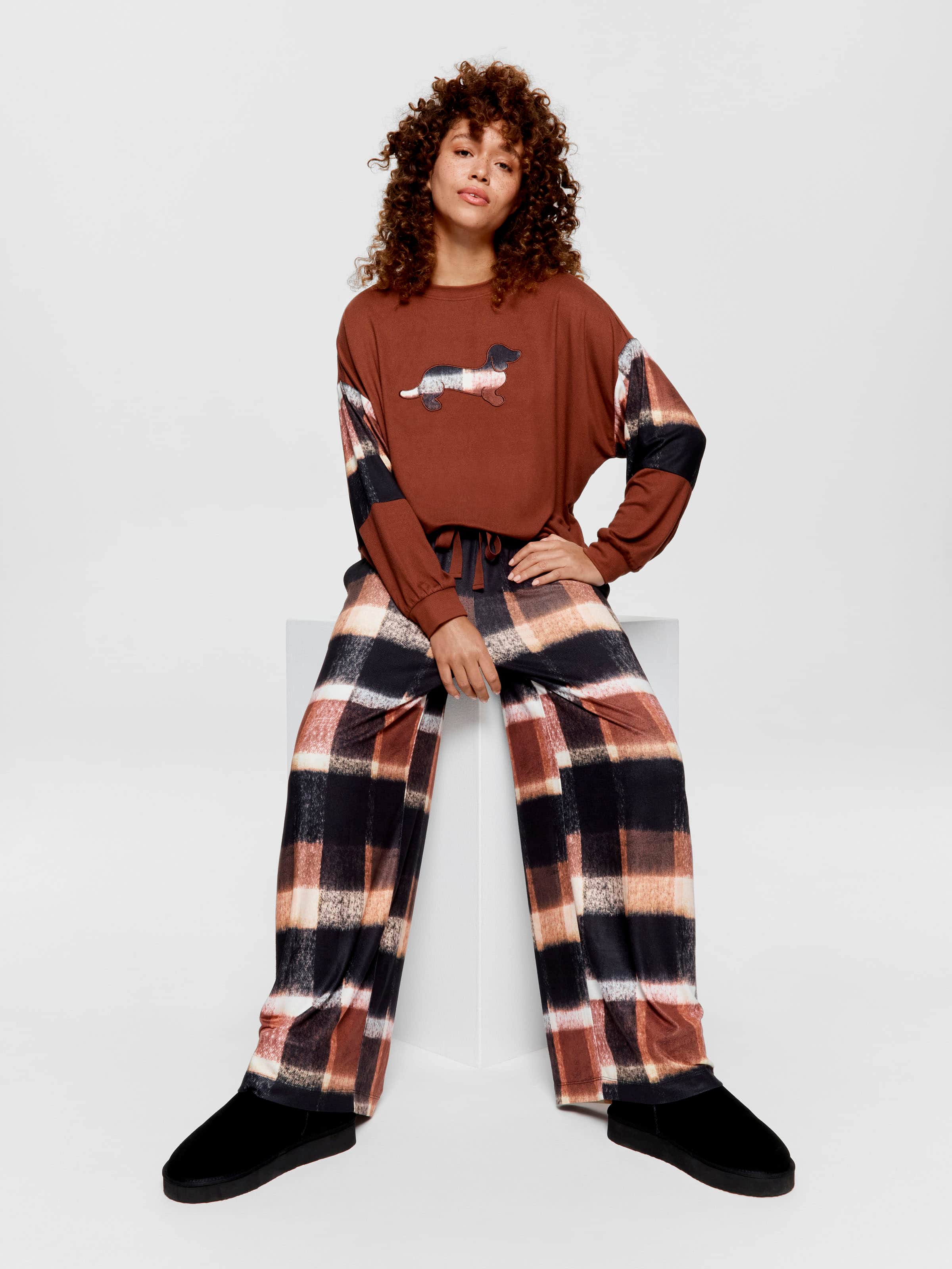 Brown Check Wide Leg Plush Pj Pant