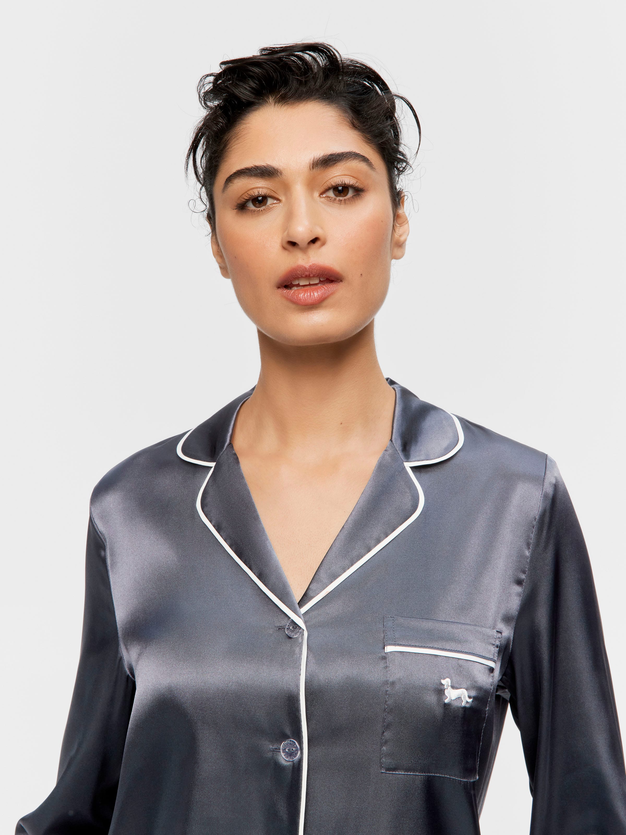 Charcoal Chic Satin Long Sleeve Pj Set