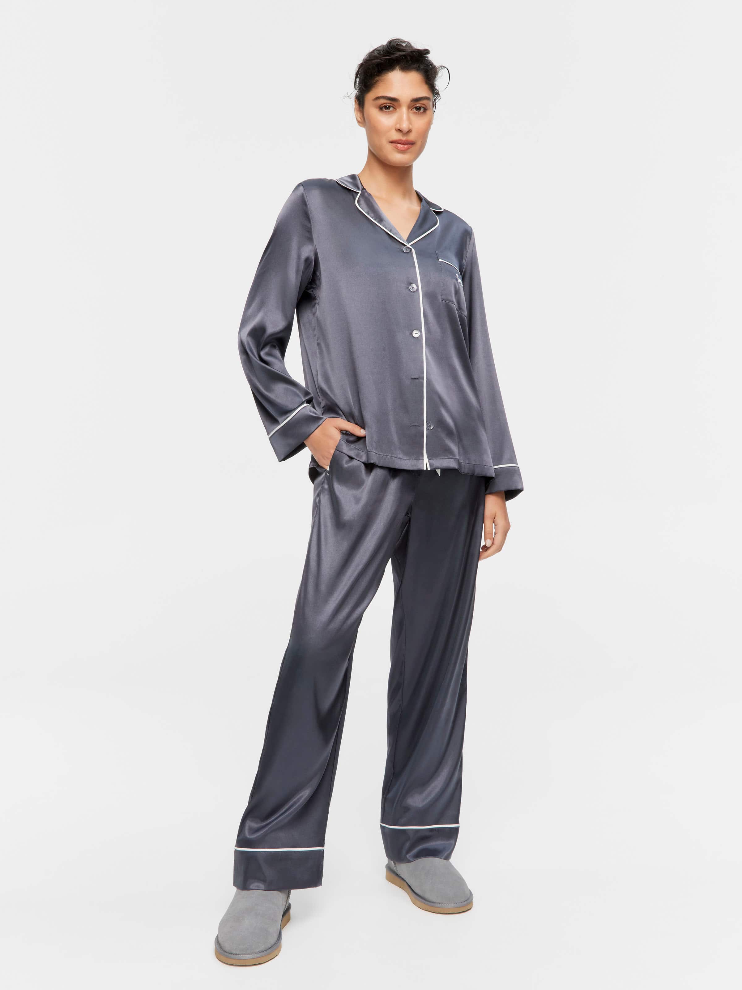 Charcoal Chic Satin Long Sleeve Pj Set