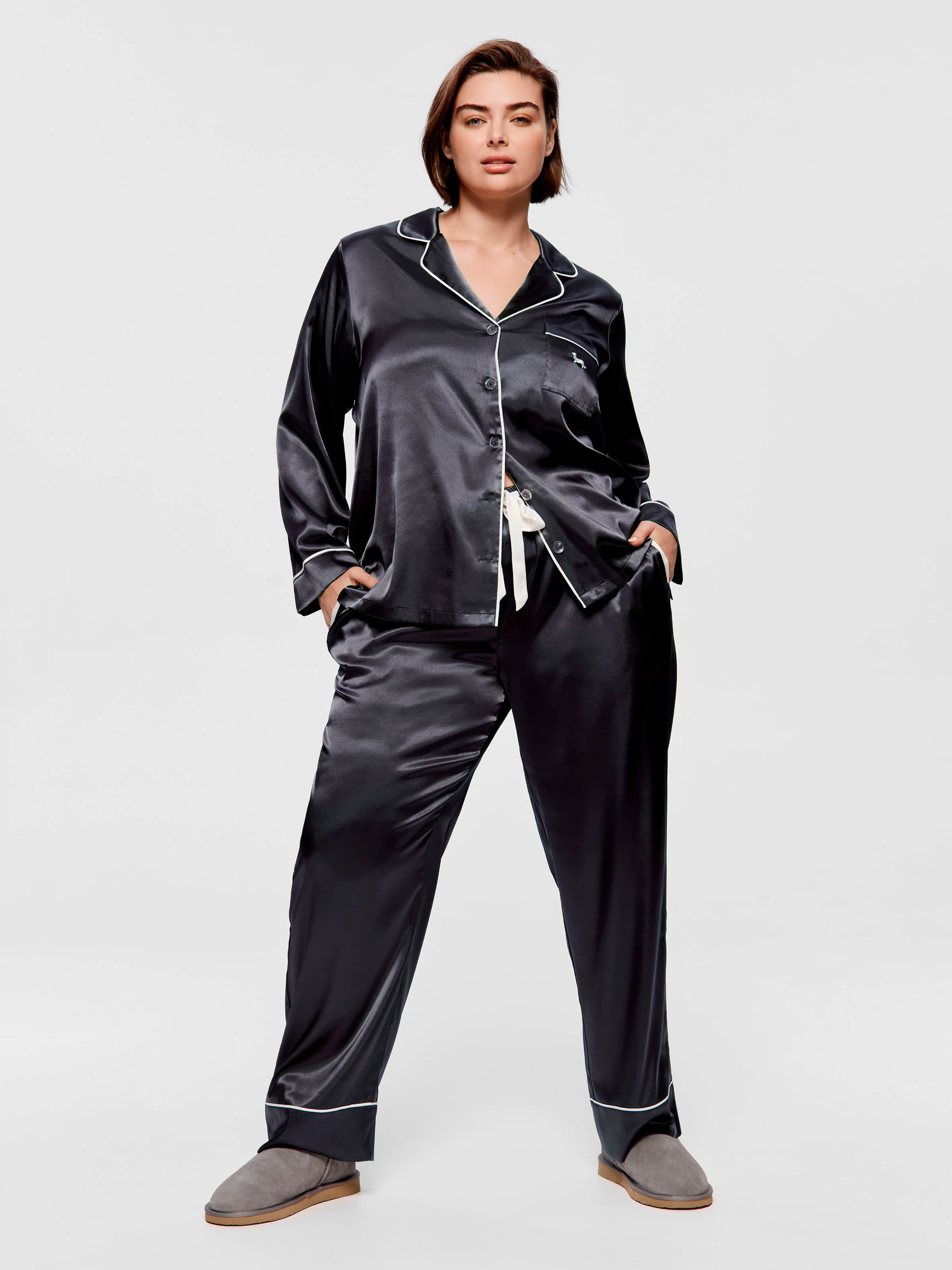 P.A. Plus Charcoal Chic Satin Long Sleeve Pj Set