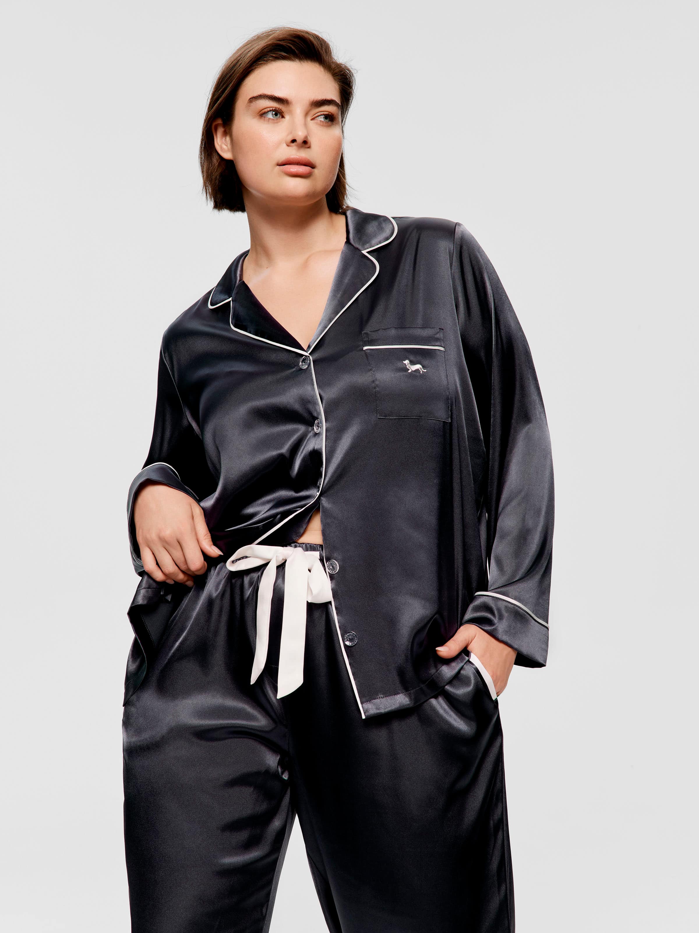 P.A. Plus Charcoal Chic Satin Long Sleeve Pj Set