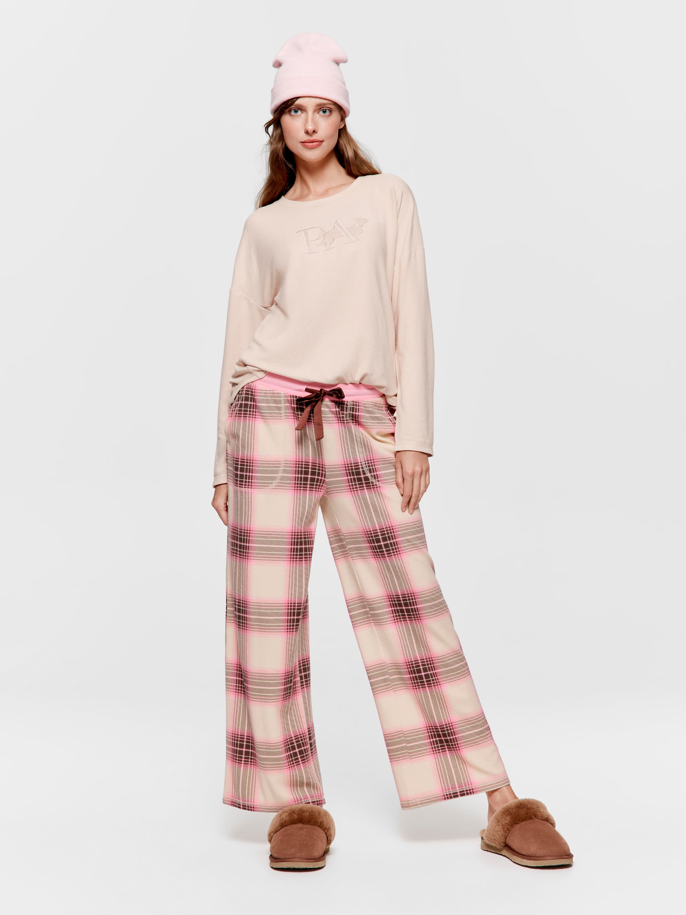Pink & Brown Waffle Check Wide Leg Pj Pant