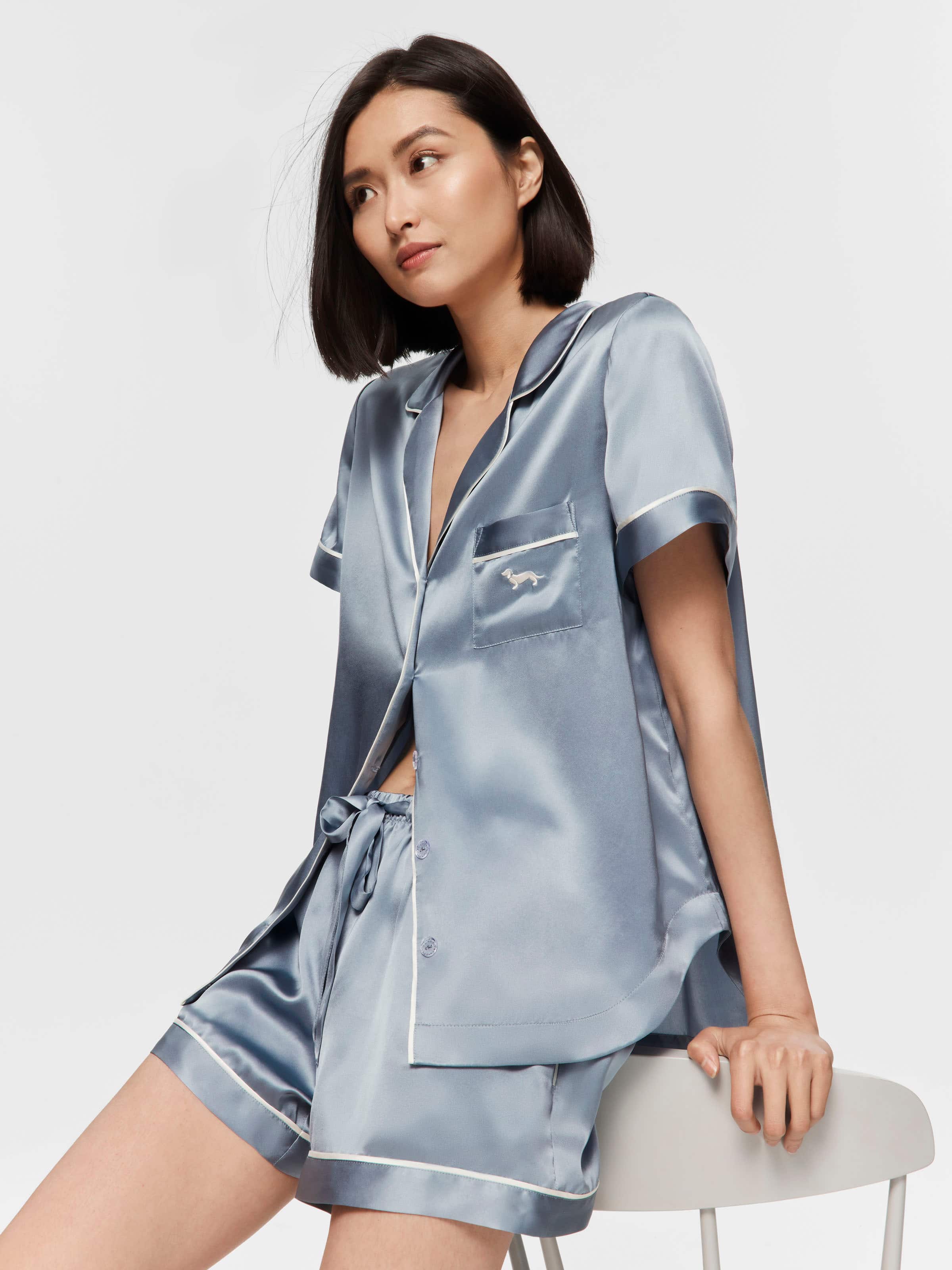 Steel Blue Mulberry Silk Shortie Pj Set