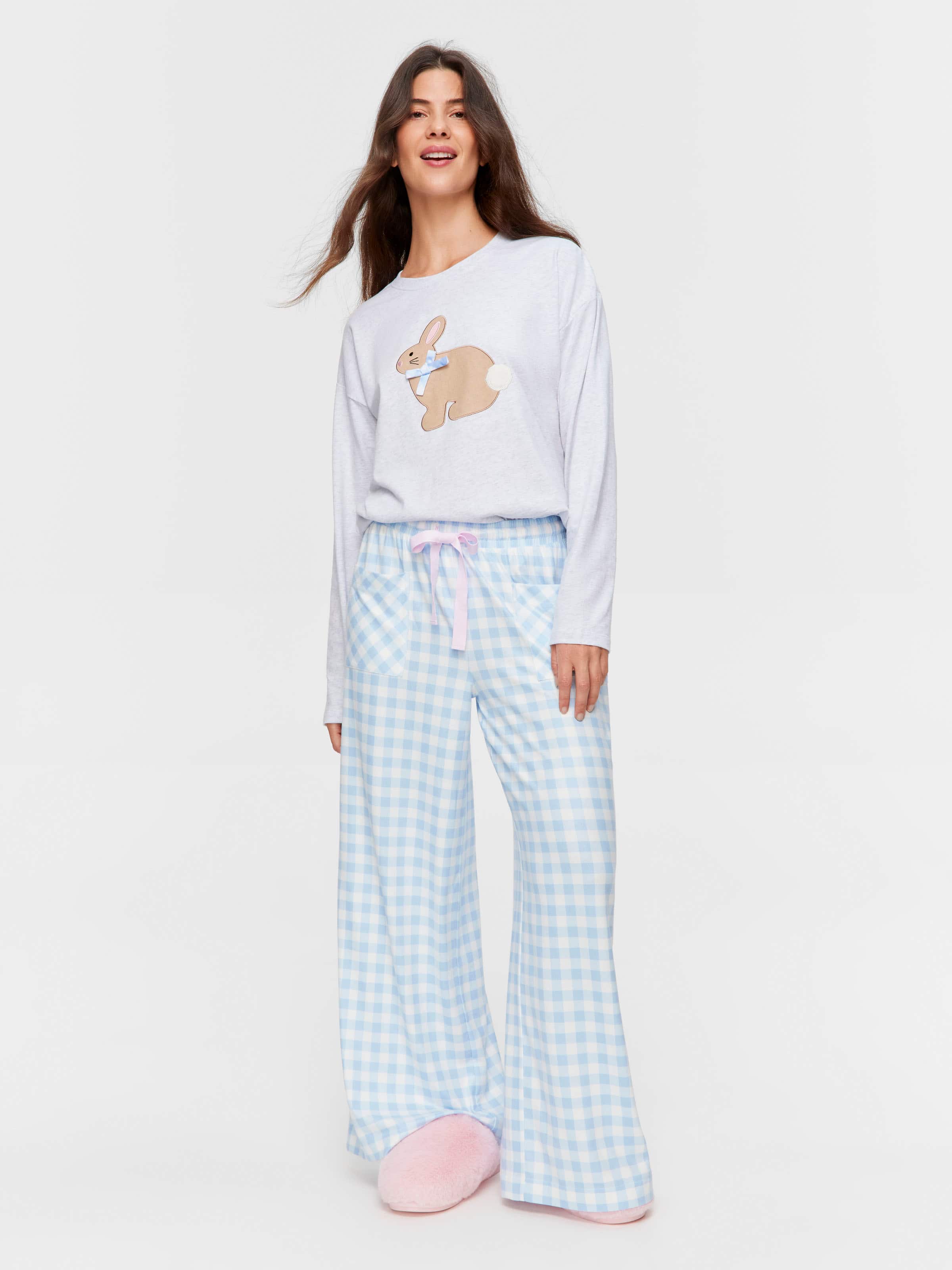 Blue Plush Gingham Wide Leg Pj Pant