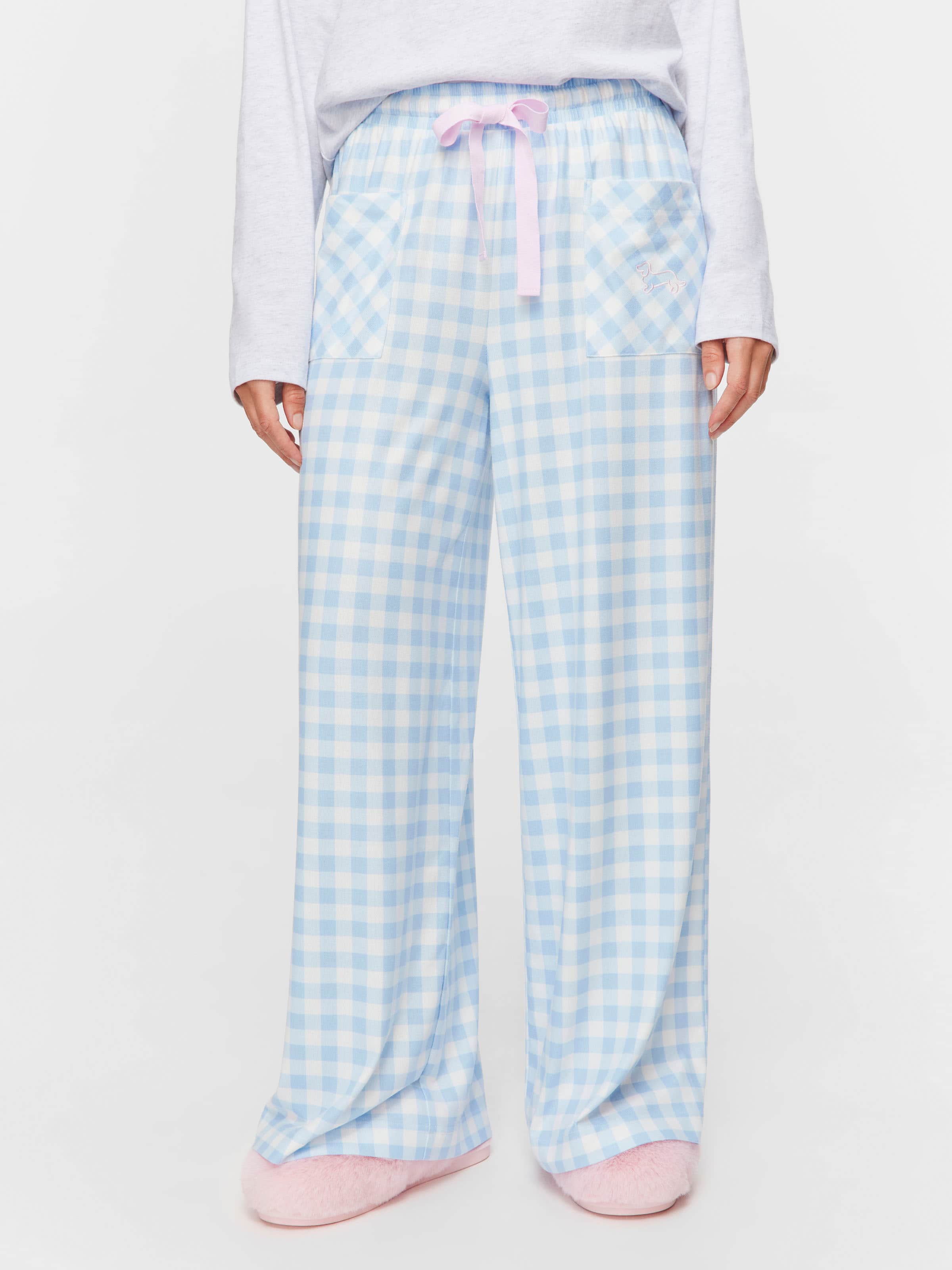 Blue Plush Gingham Wide Leg Pj Pant