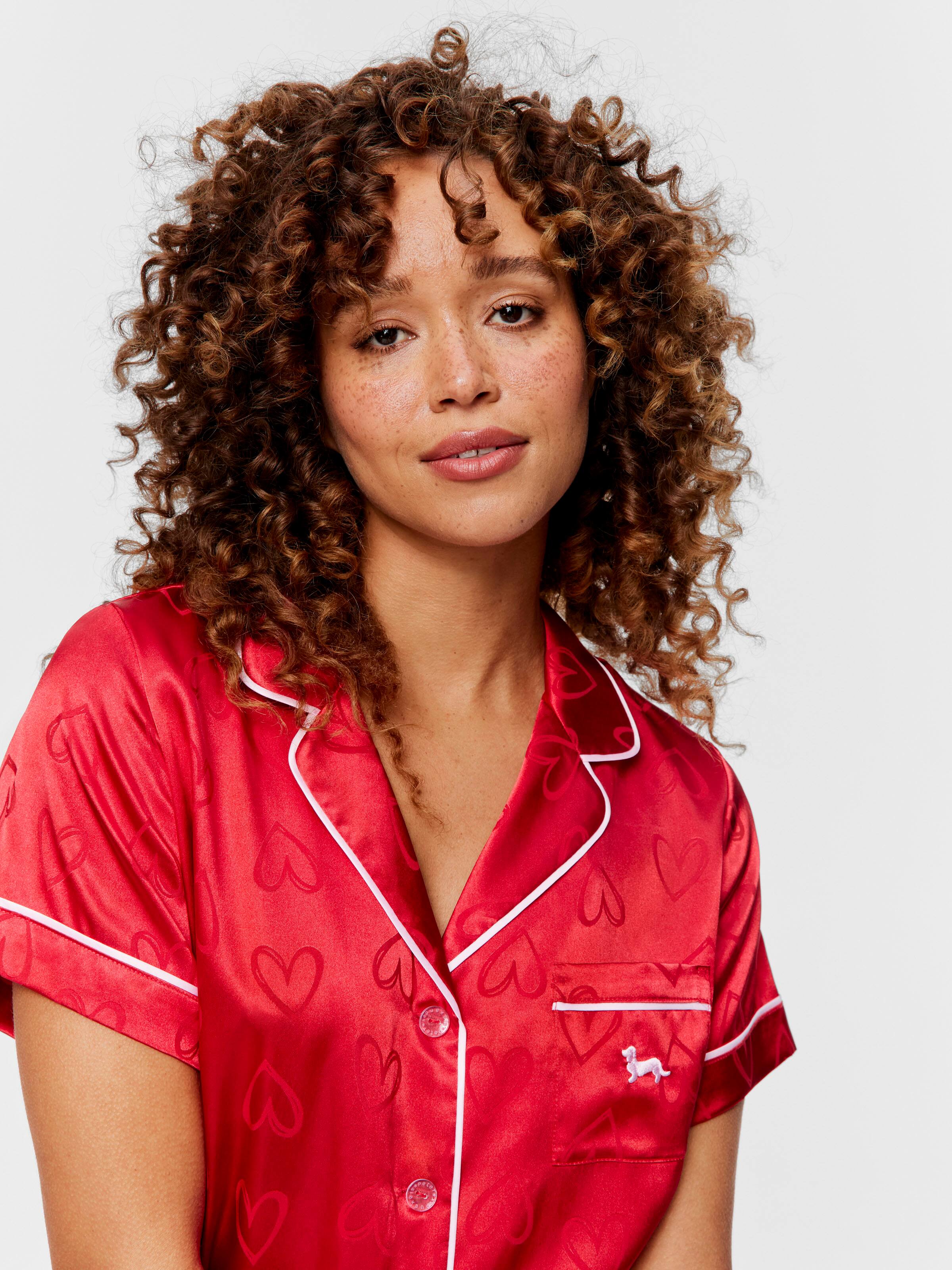 Red Hearts Satin Shortie Pj Set