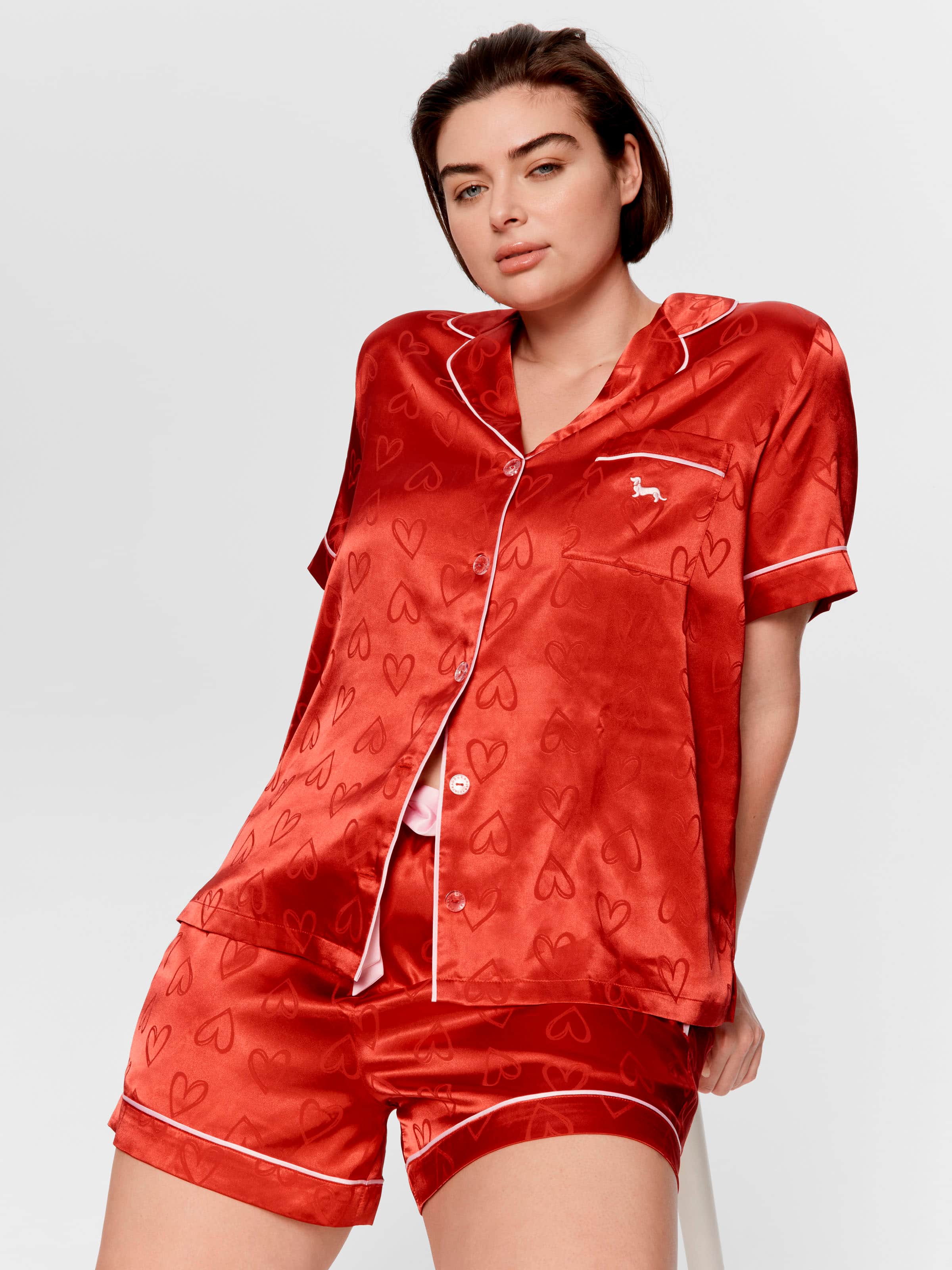 P.A. Plus Red Hearts Satin Shortie Pj Set