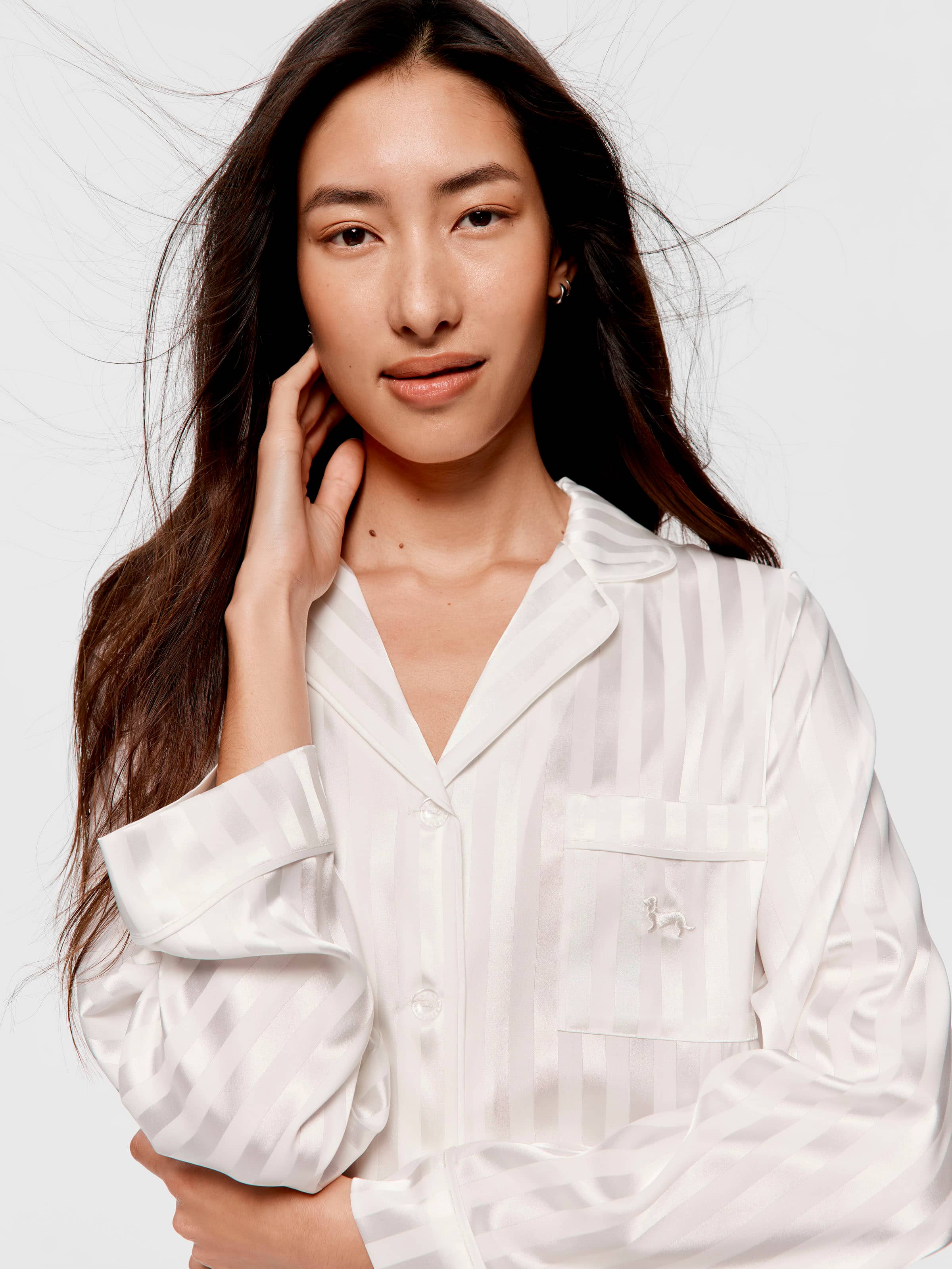 White Stripe Chic Satin Long Sleeve Pj Set