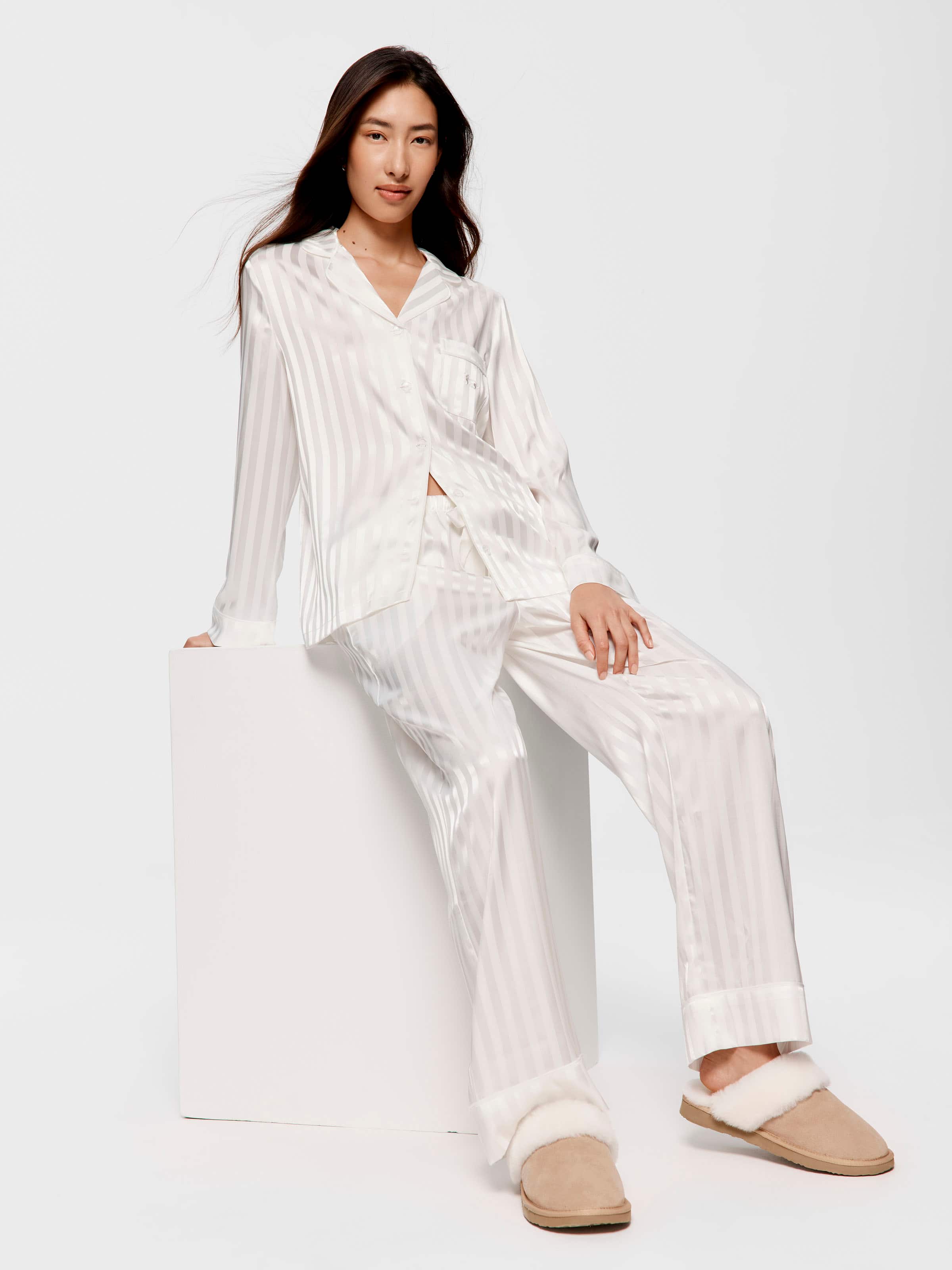 White Stripe Chic Satin Long Sleeve Pj Set