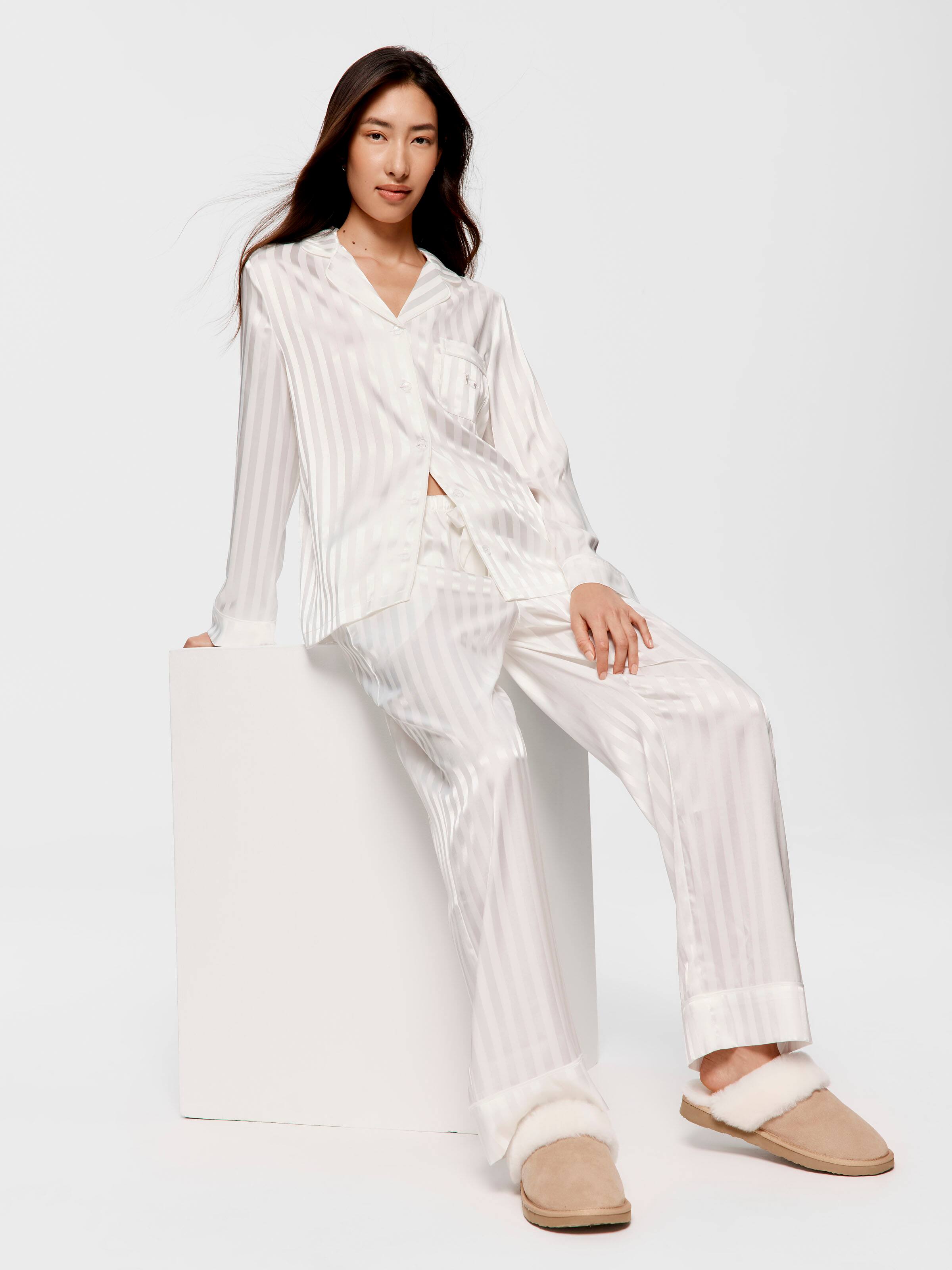 White Stripe Chic Satin Long Sleeve Pj Set