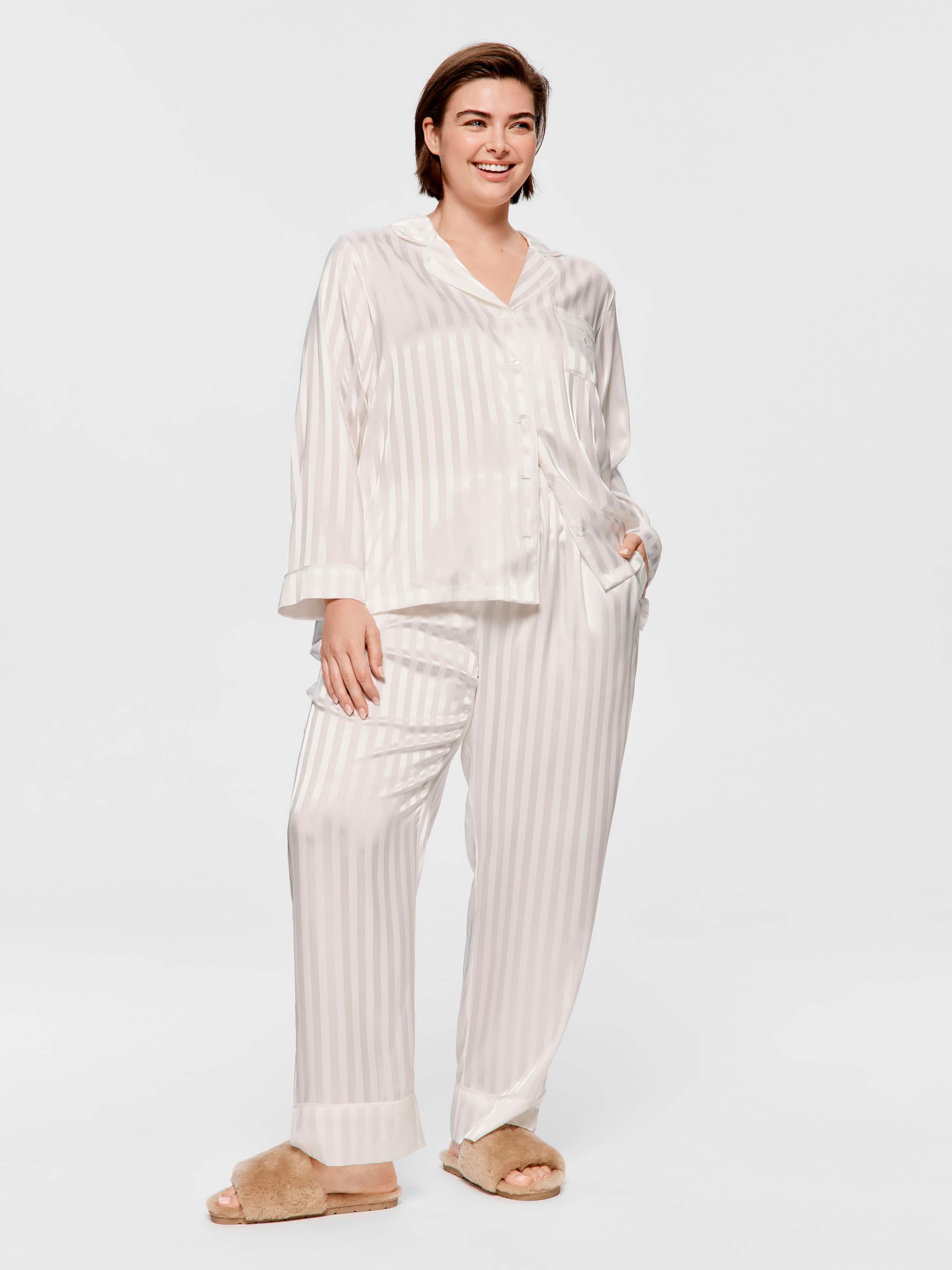 P.A. Plus White Stripe Chic Satin Long Sleeve Pj Set