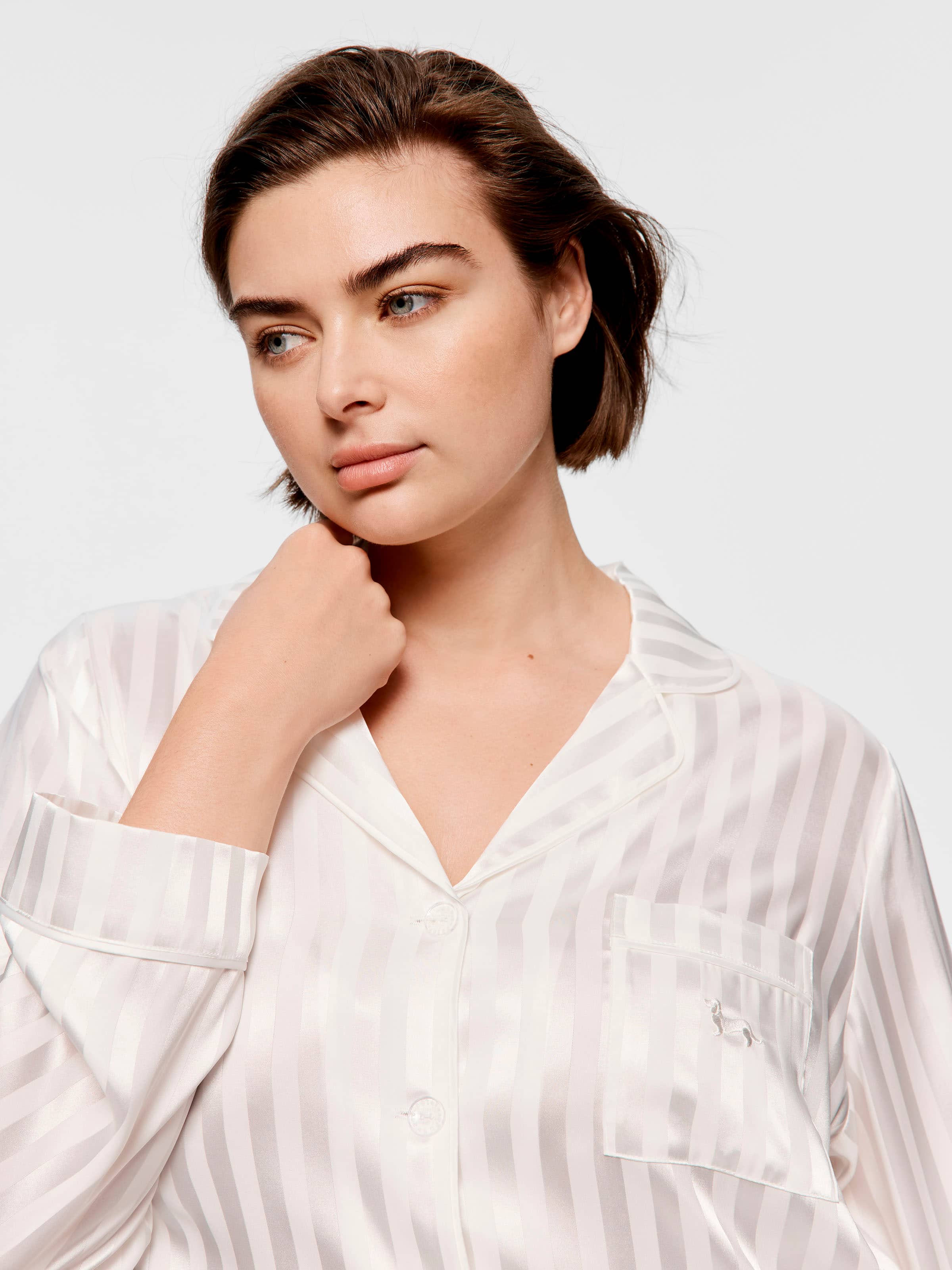 P.A. Plus White Stripe Chic Satin Long Sleeve Pj Set
