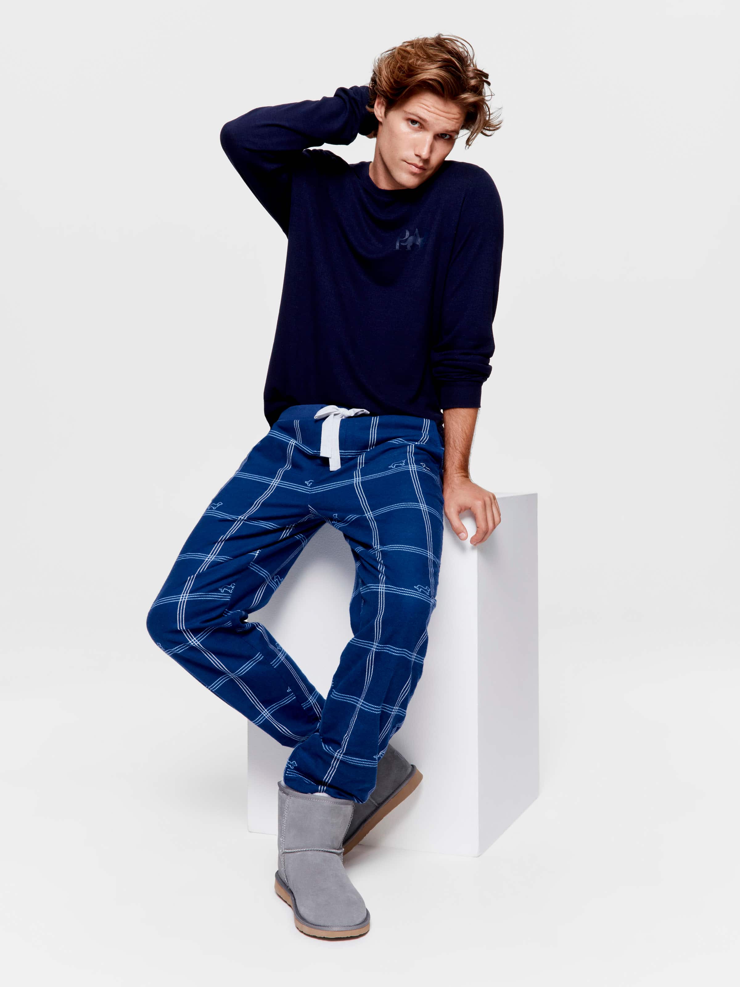 Navy Windowpane Flannelette Pj Pant