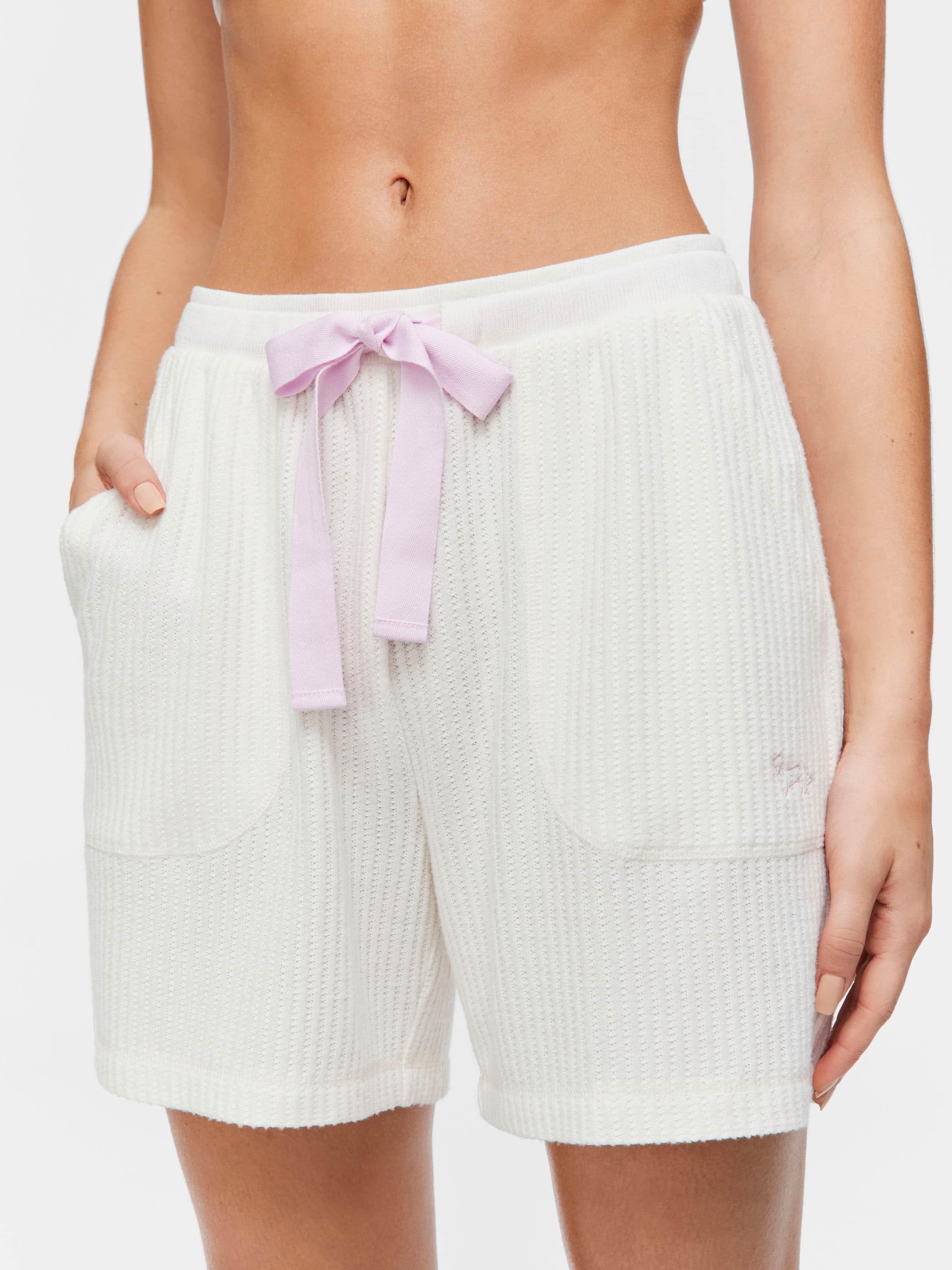 Cream Brushed Waffle Long Short