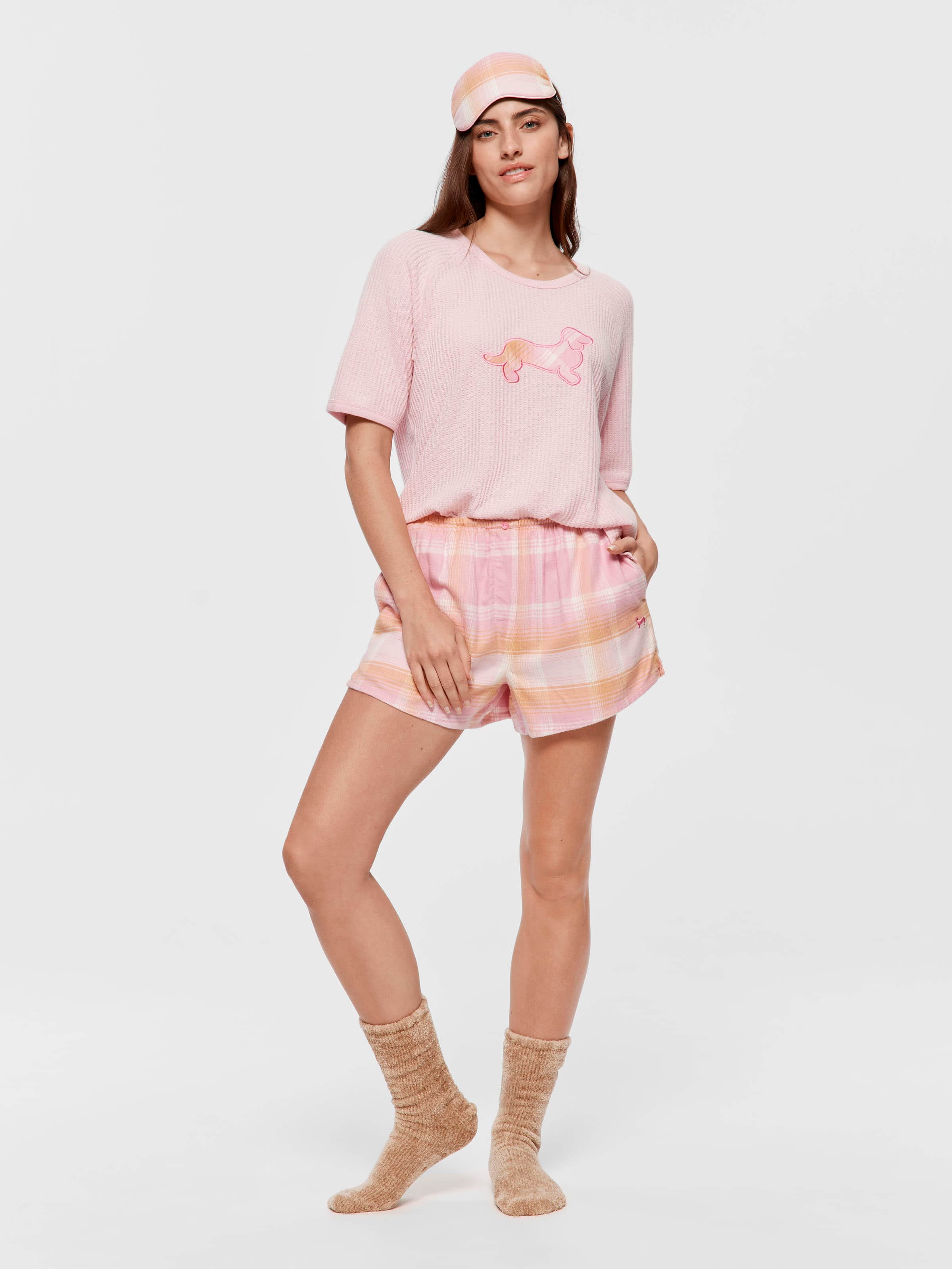 Pink & Orange Check Viscose Flannelette Fashion Short