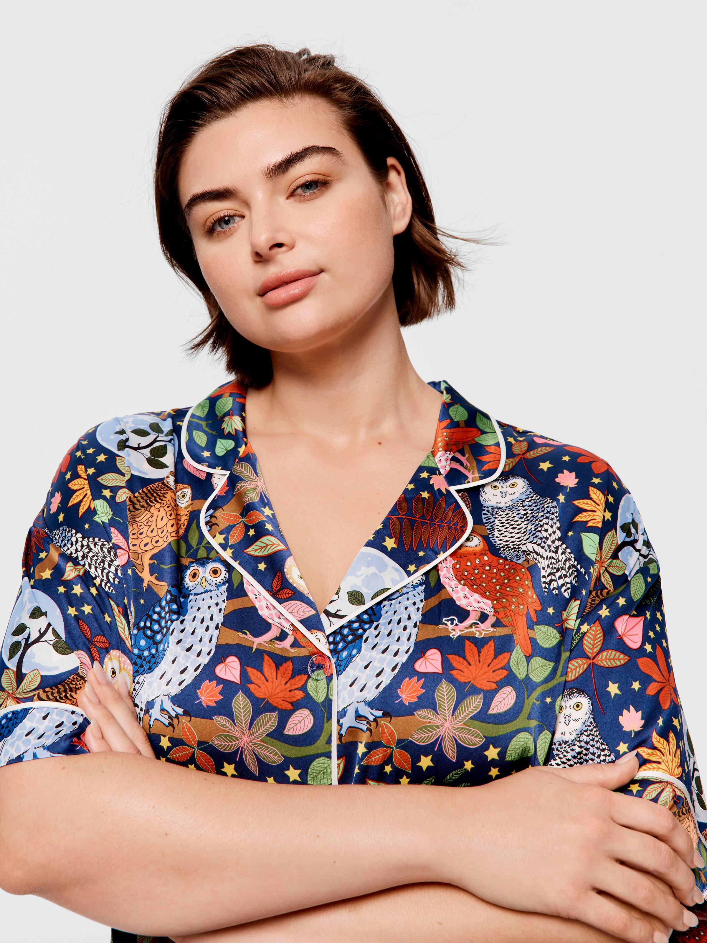 P.A. Plus Karen Mabon Owl Satin Shortie Pj Set