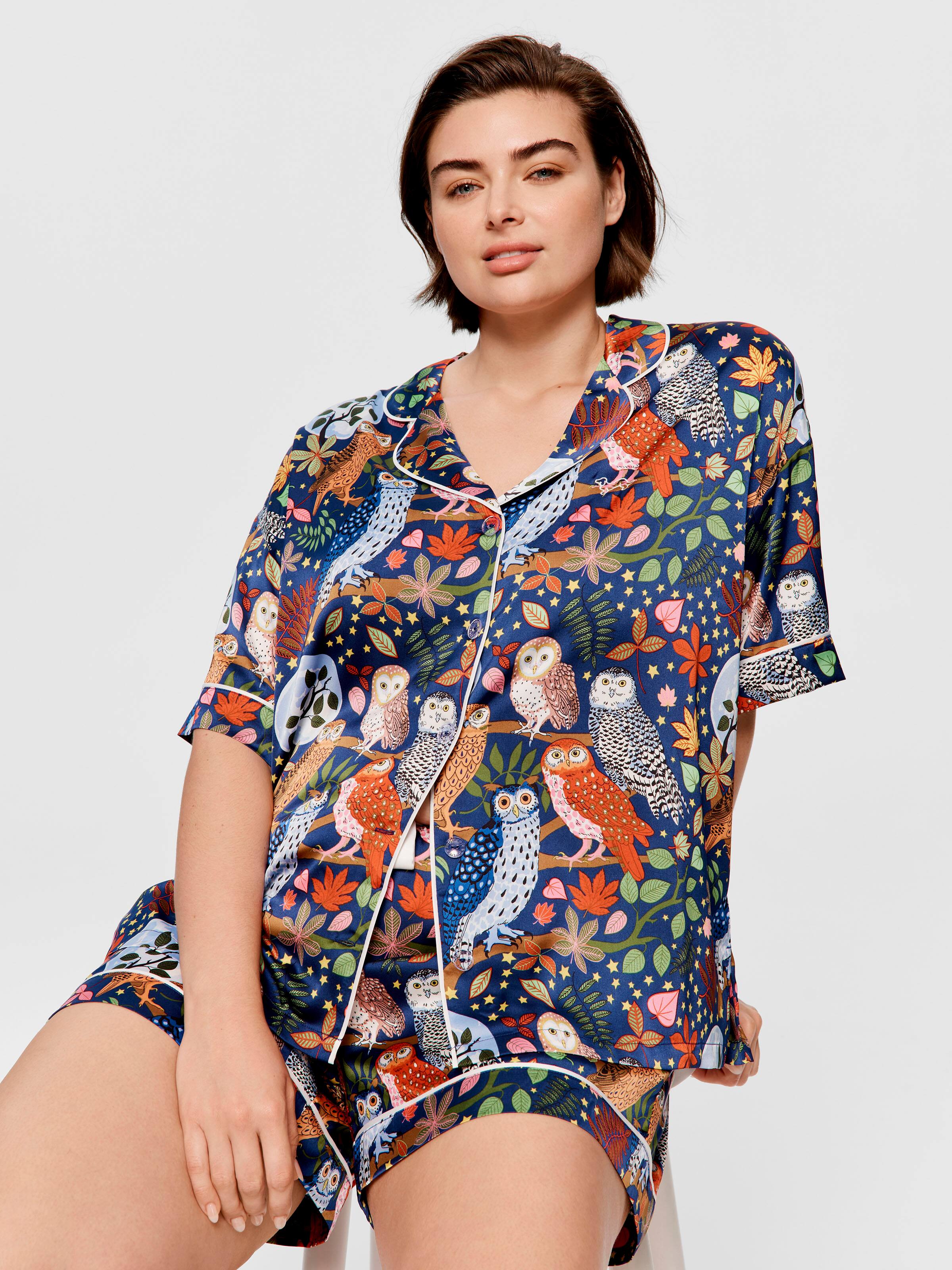 P.A. Plus Karen Mabon Owl Satin Shortie Pj Set