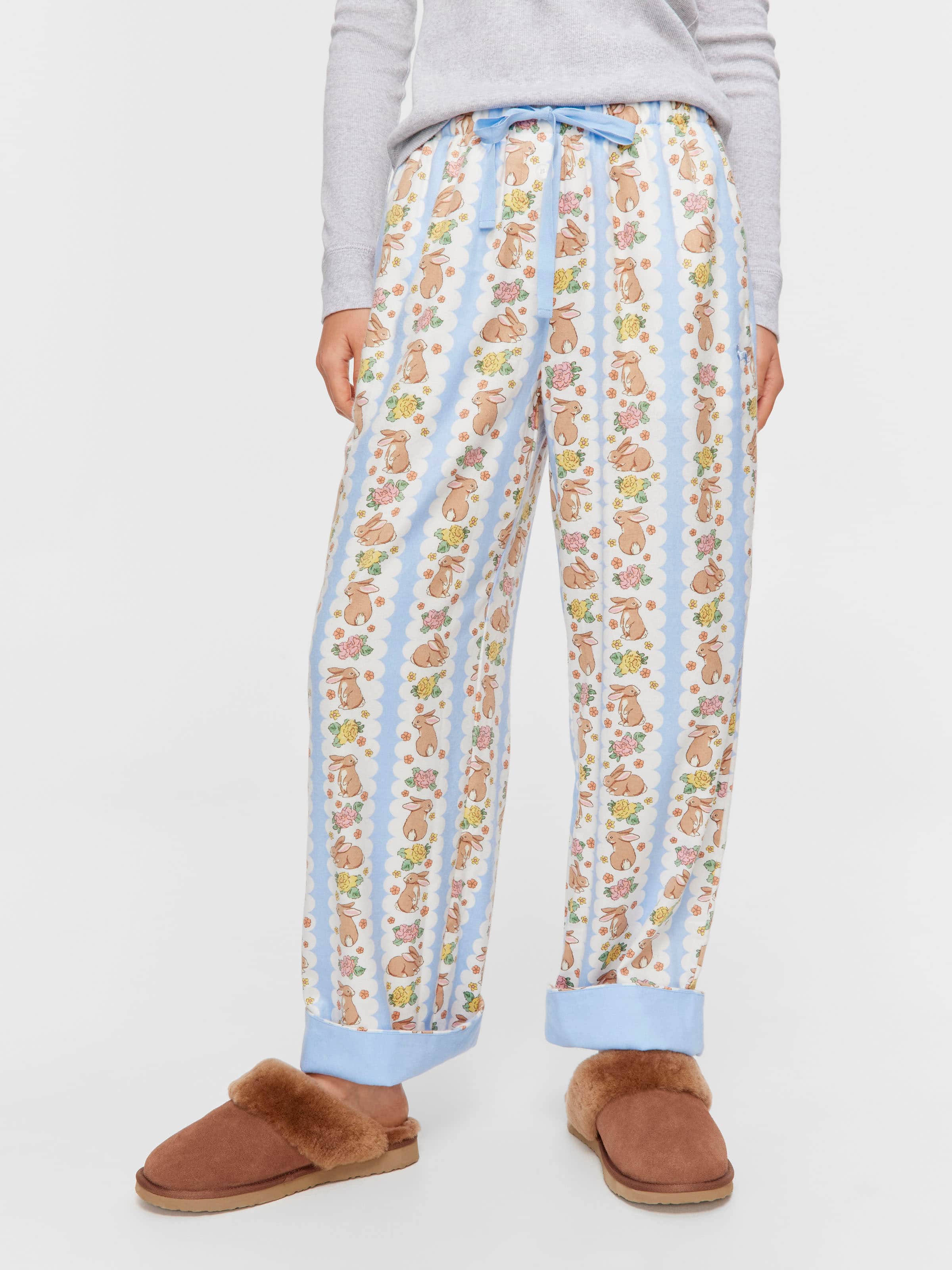 Lilac Bunny Bamboo Flannelette Long Roll Up Pj Pant