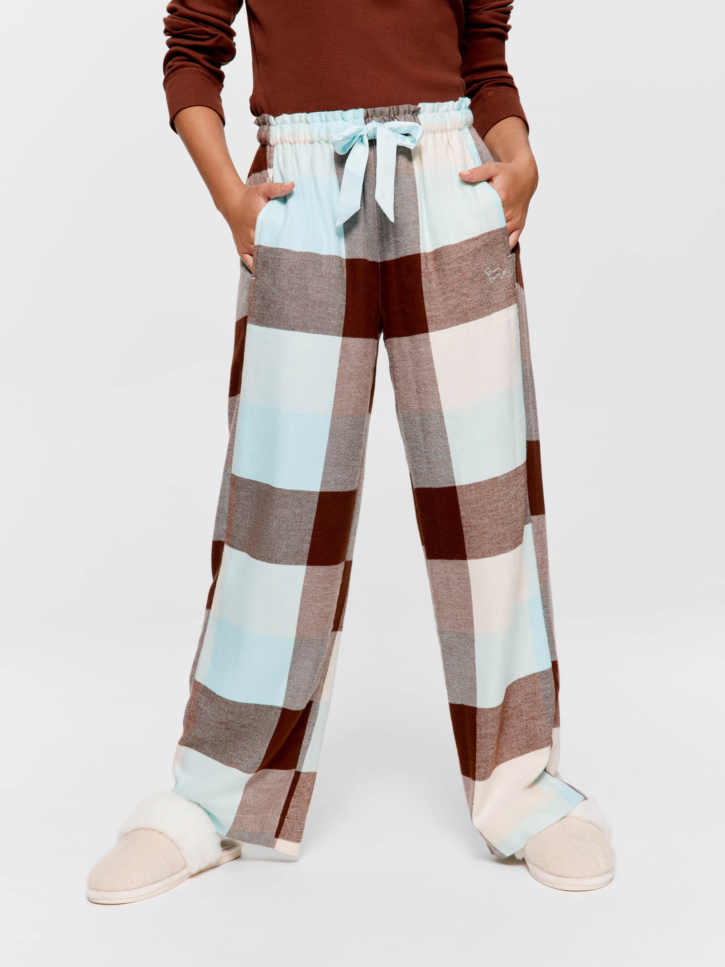 Mint Choc Check Bamboo Flannelette Wide Leg Pj Pant