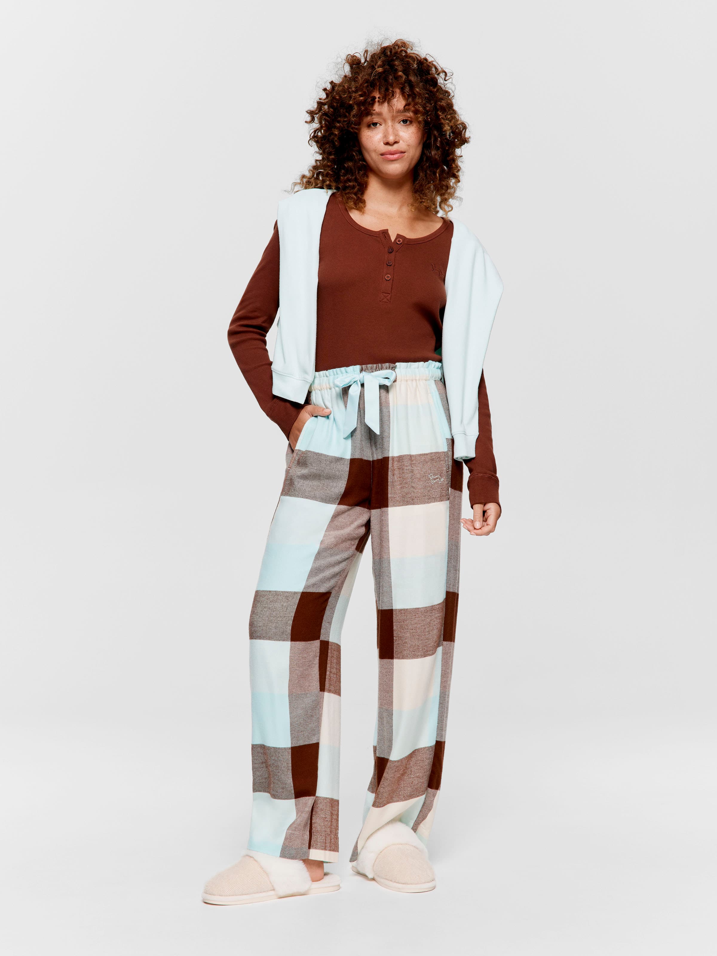 Mint Choc Check Bamboo Flannelette Wide Leg Pj Pant