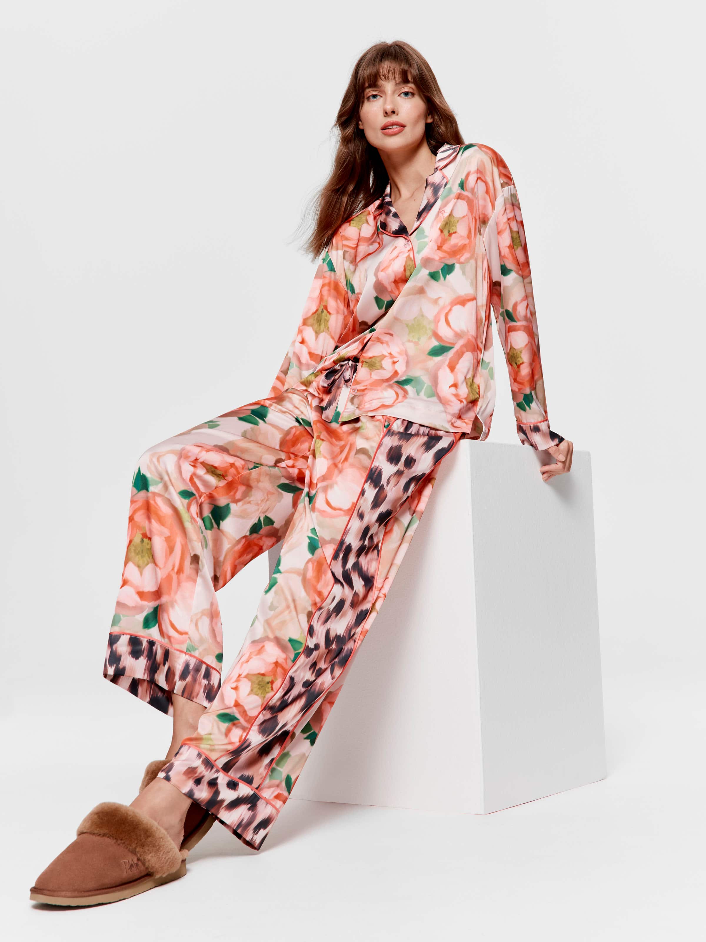Floral Leopard Satin Long Sleeve Pj Set