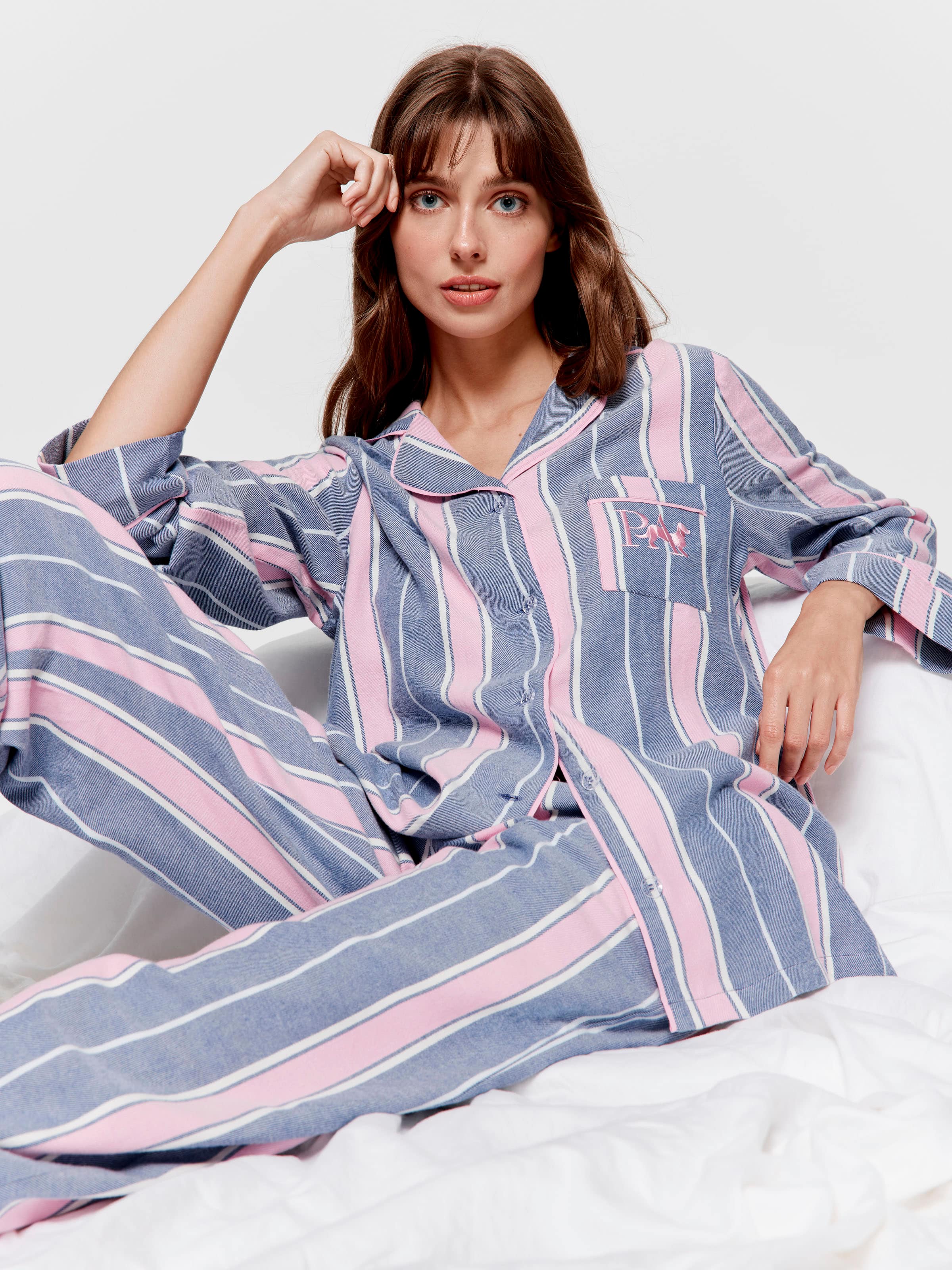 Navy & Pink Stripe Classic Flannelette Pj Set