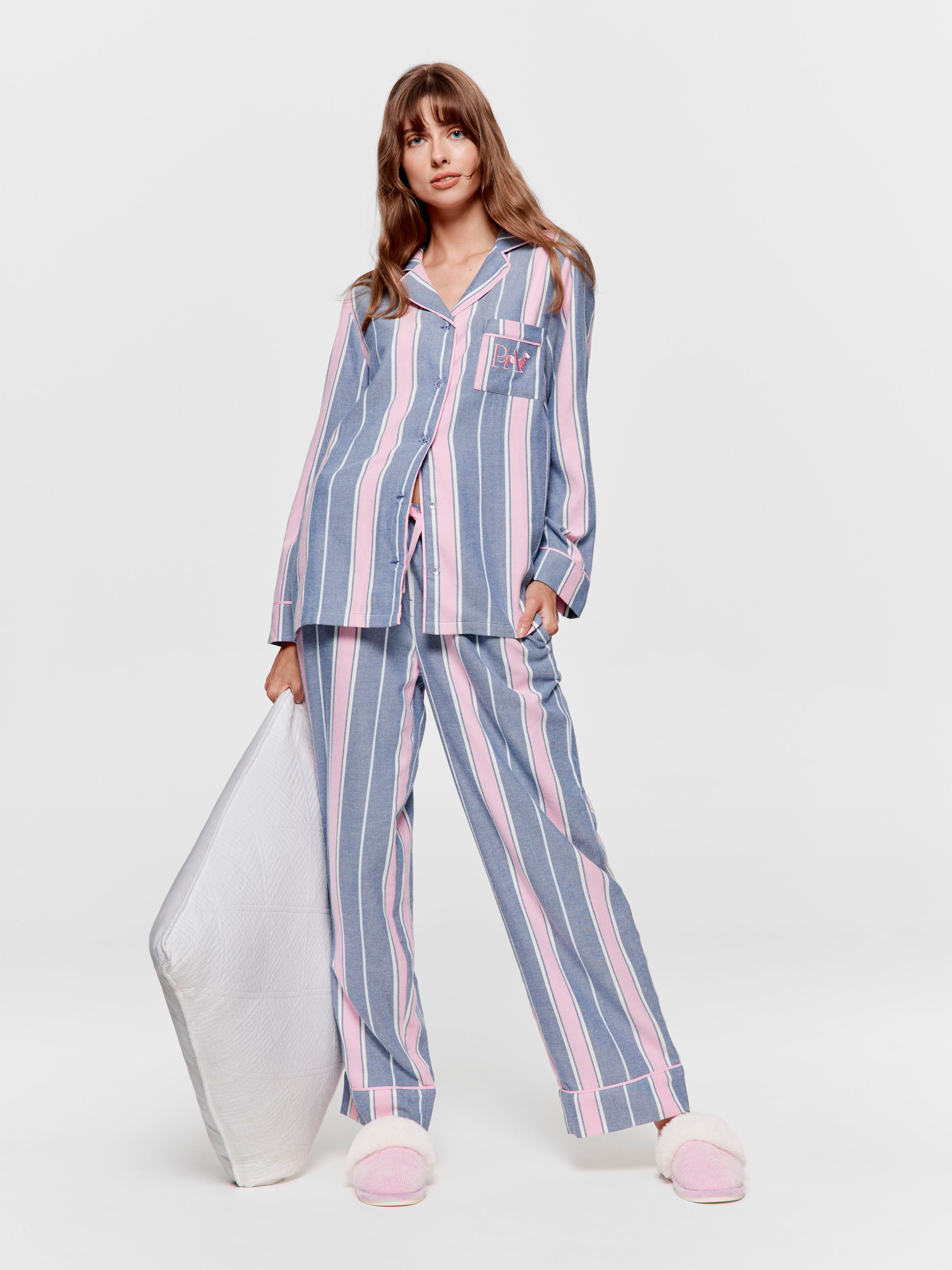 Navy & Pink Stripe Classic Flannelette Pj Set