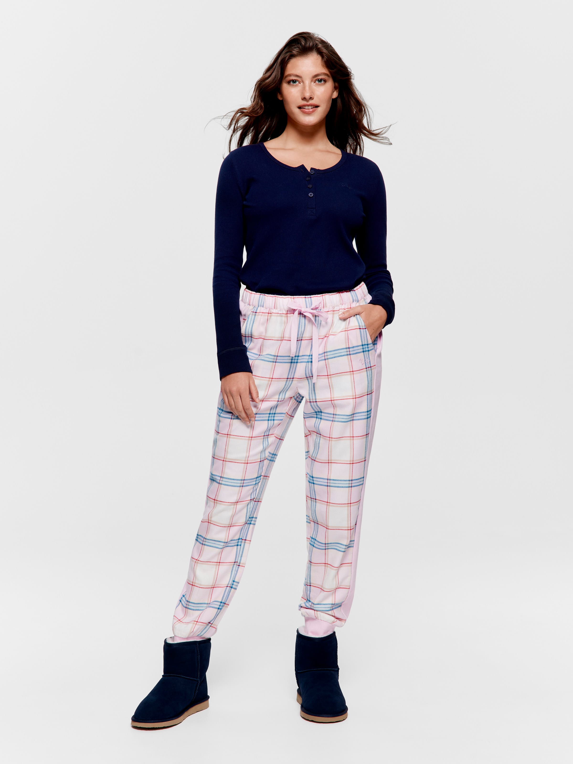 Check Pink & Navy Flannelette Cuff Pj Pant
