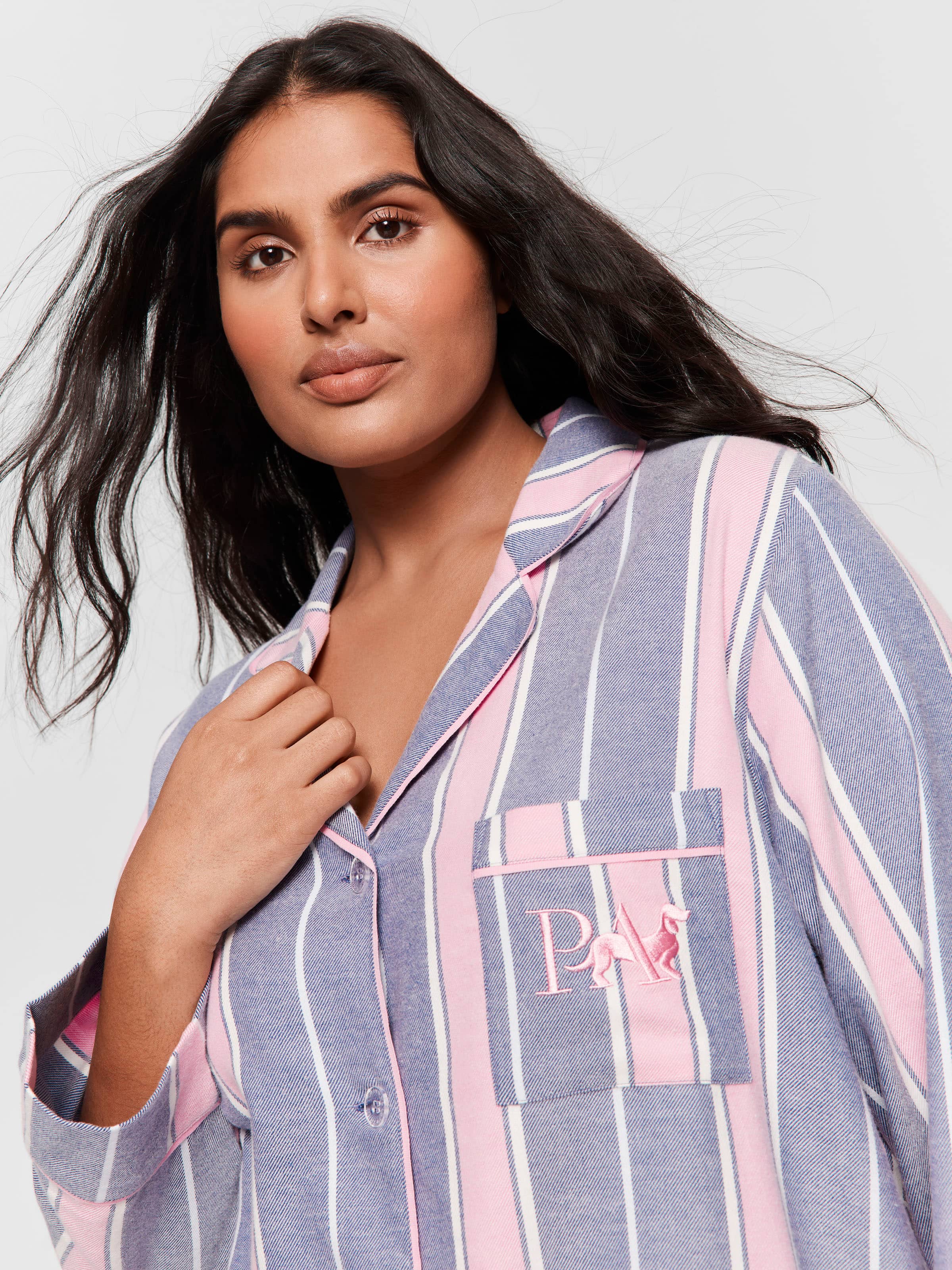 P.A. Plus Navy & Pink Stripe Classic Flannelette Pj Set