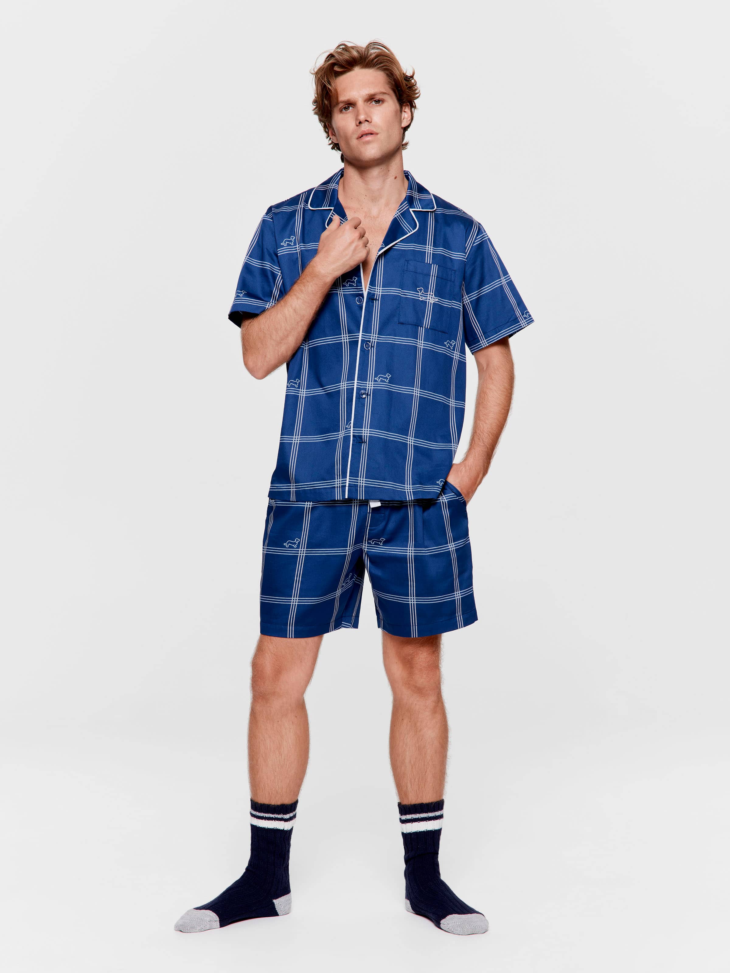 Navy Windowpane Short Sleeve Pj Set