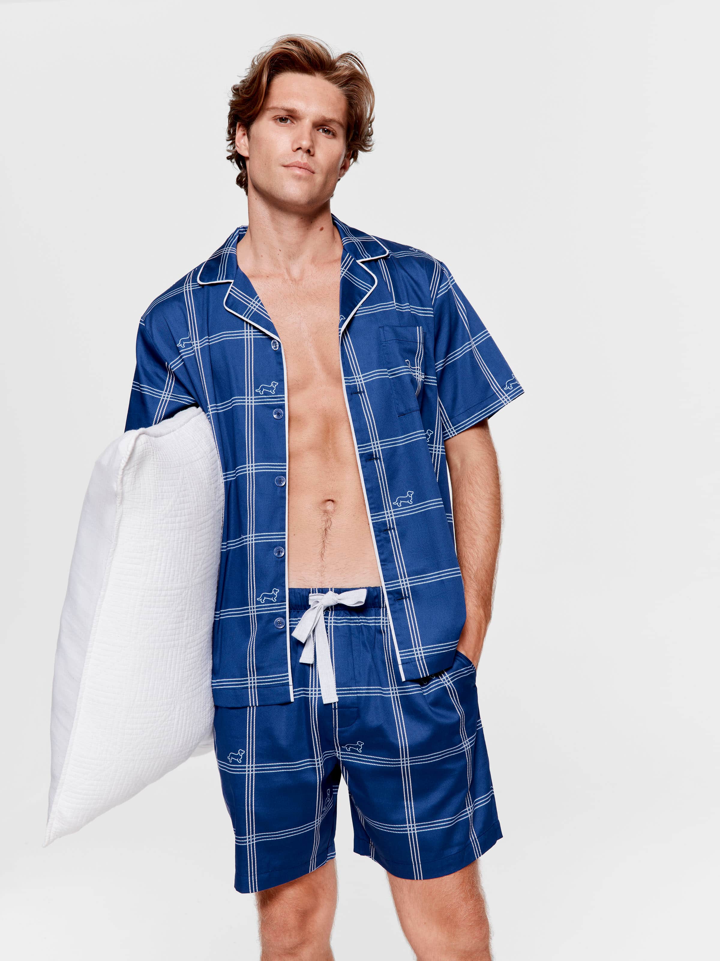 Navy Windowpane Short Sleeve Pj Set