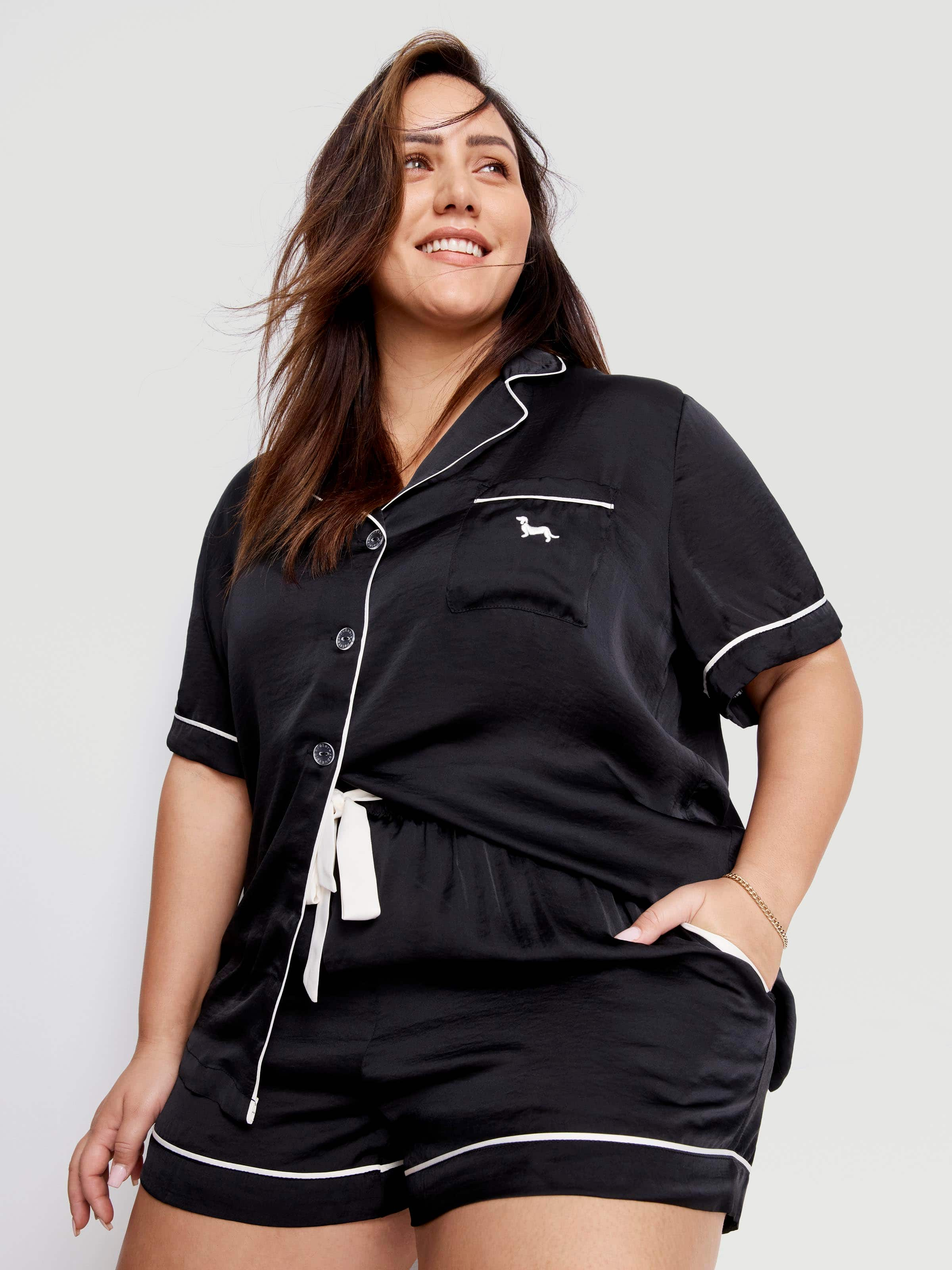 Black satin pyjamas plus size sale